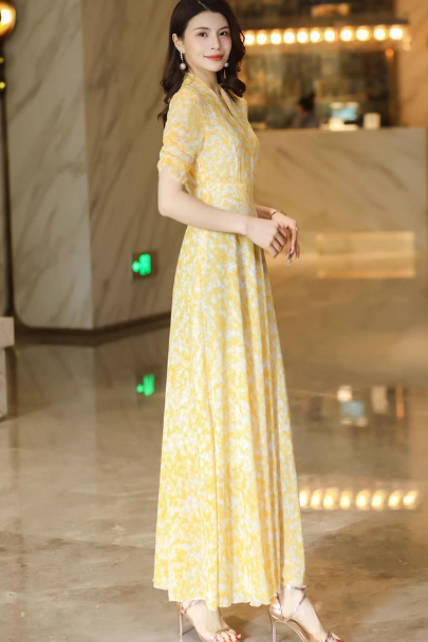 Yellow flower printed maxi chiffon dress C4927