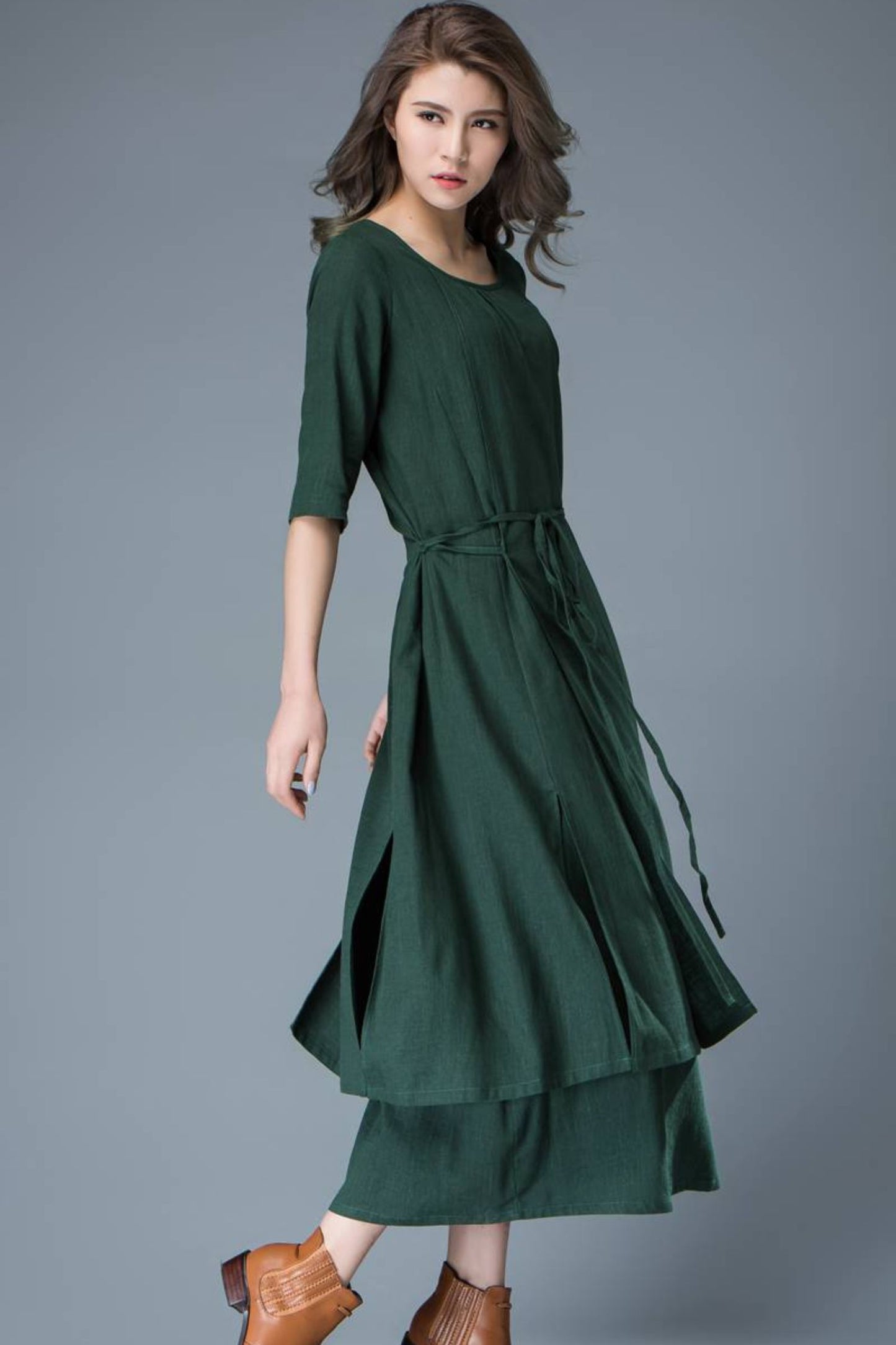 Emerald Green Loose-Fitted Layered Long Length Woman's Dress with Half Sleeves C806