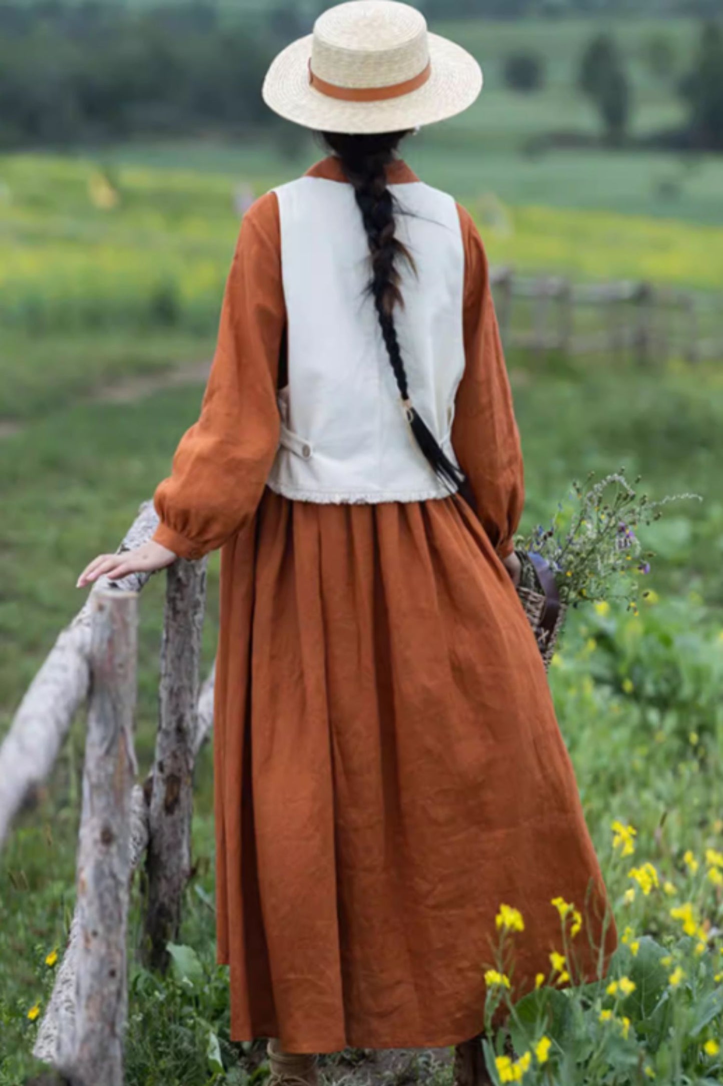 Orange long sleeves spring linen shirt dress women C5422