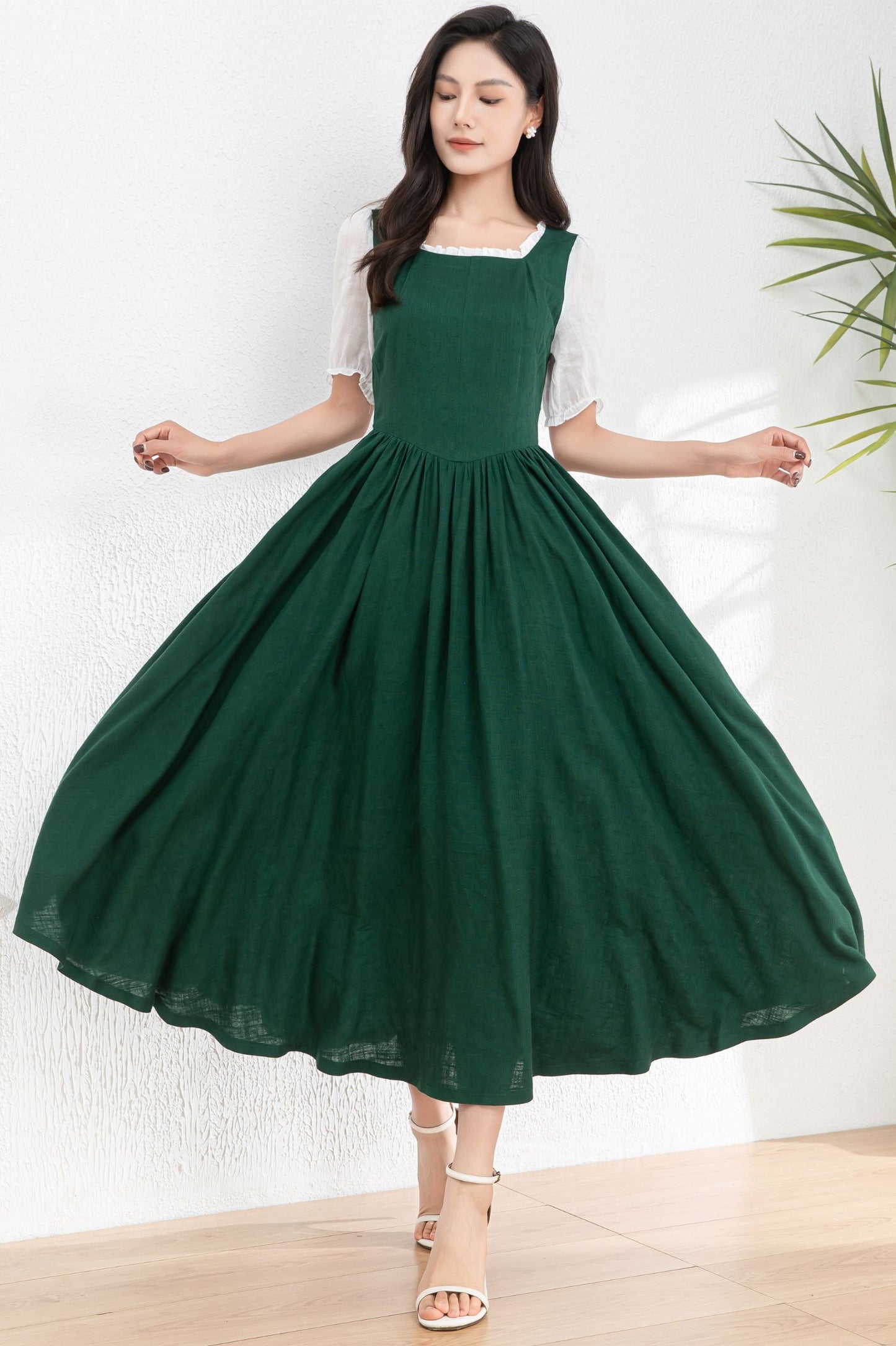 Womens dark green Linen midi Cottagecore Dress c4978