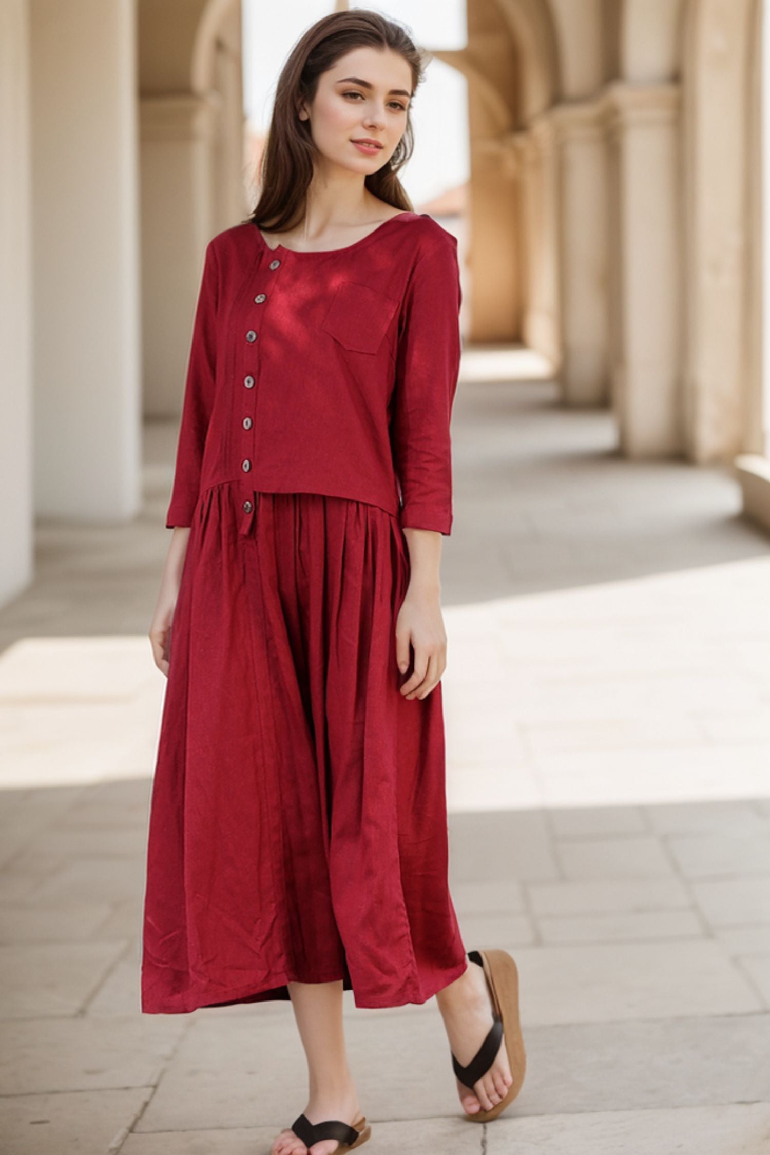loose fitting red dress Linen Dress Loose Fitting Red Dress Long Sleeves Loose Fitting Linen Dress 4817 XiaoLizi