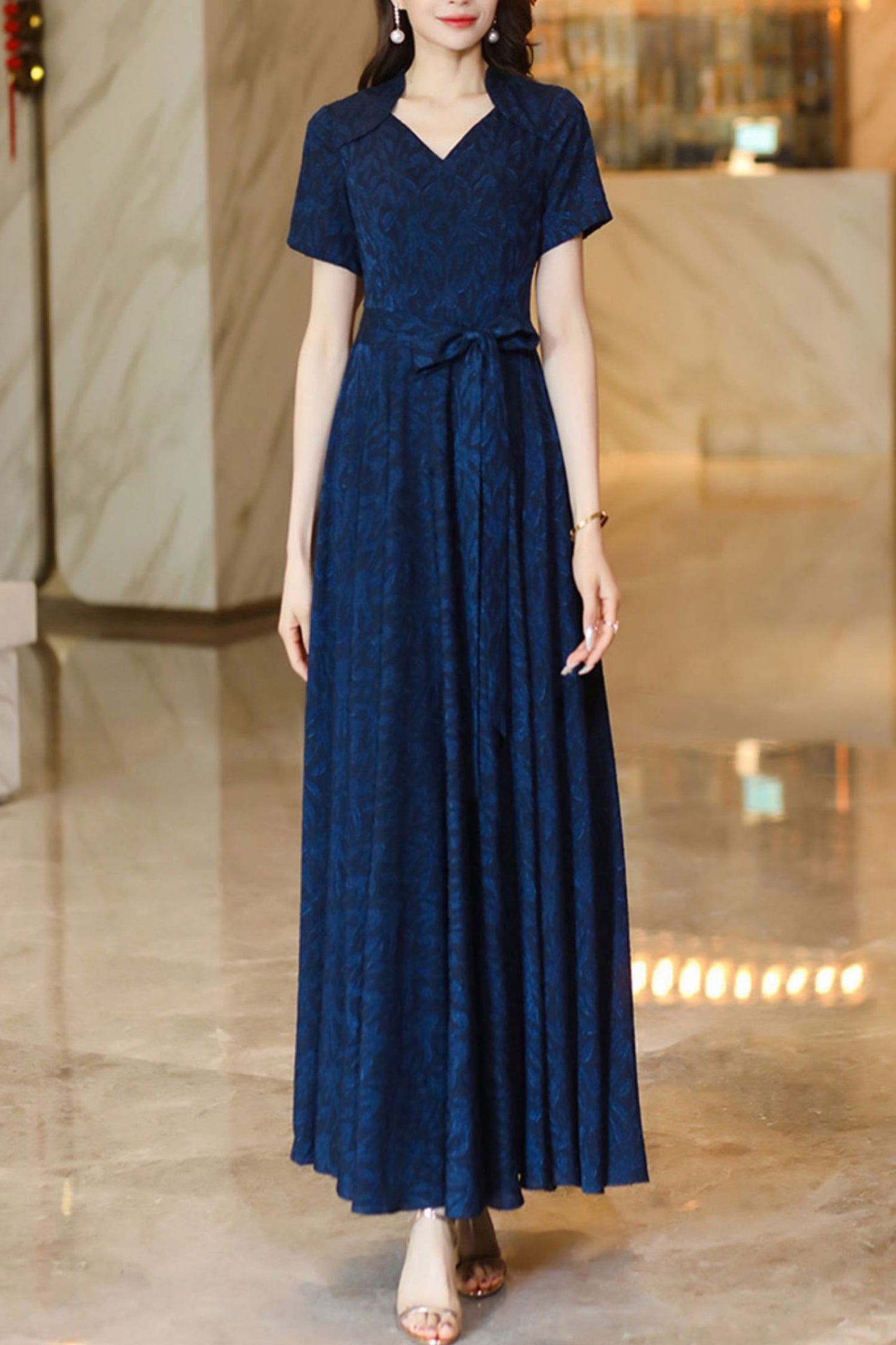 Navy blue summer new chiffon big swing long dress C4120