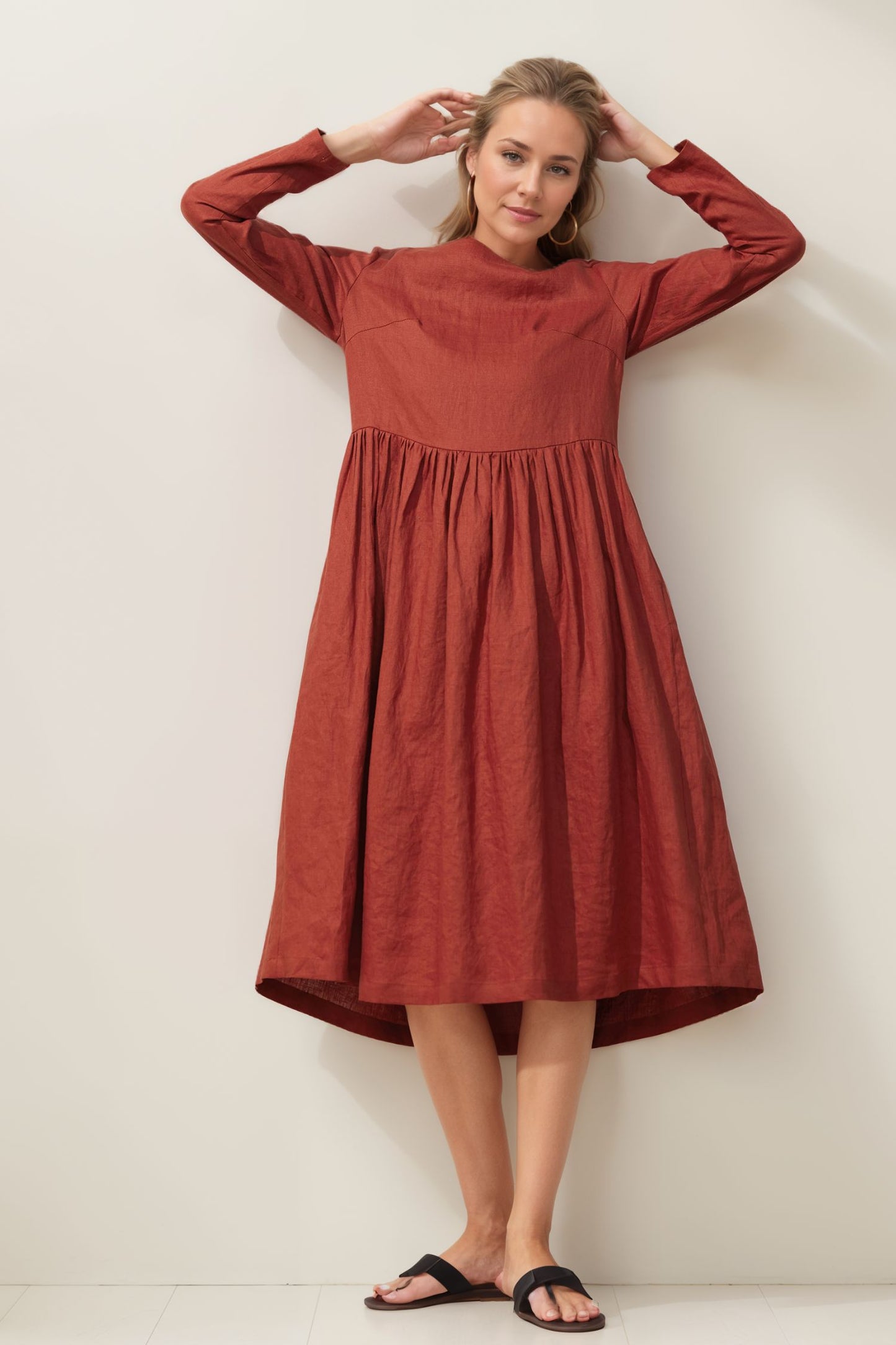 Orange loose linen midi dress C4006