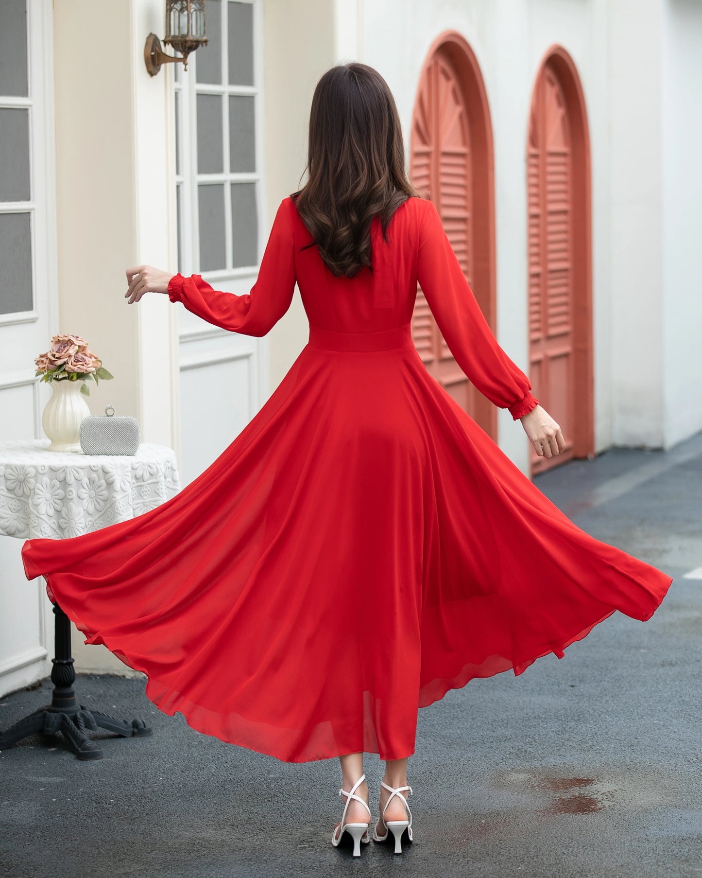 red fit and flare long chiffon dress C5397