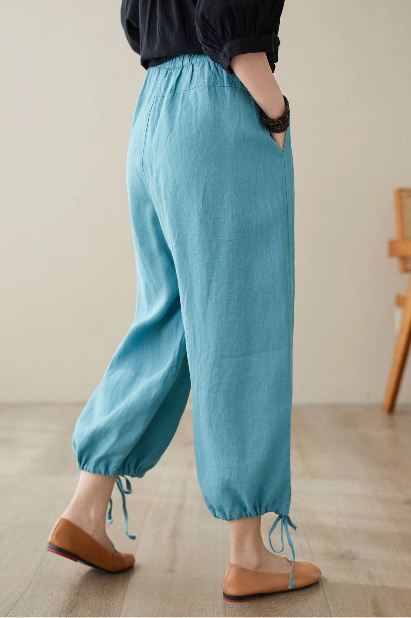 Blue elastic Waist casual linen pants C3965