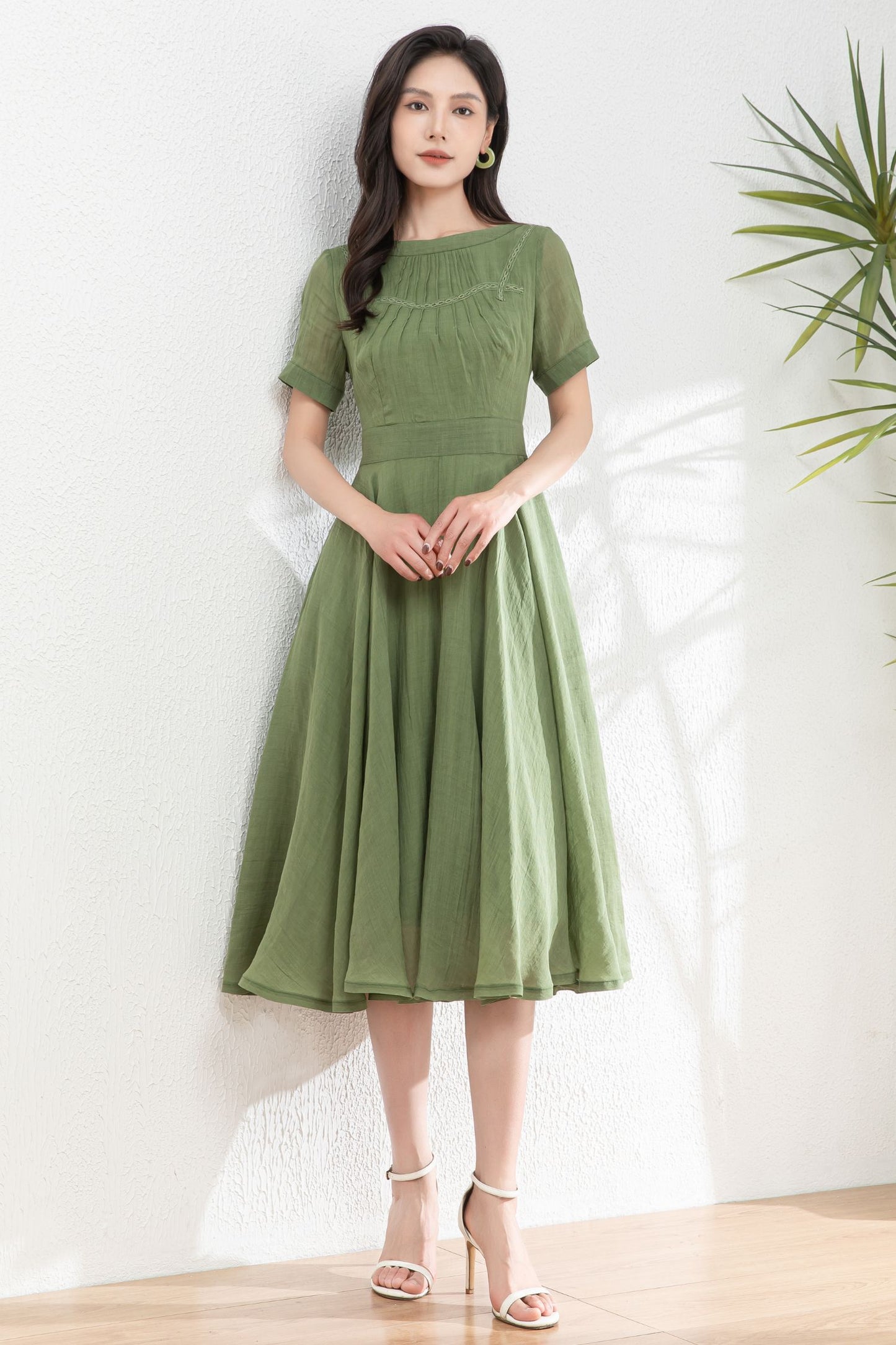Green Women's swing Linen dress c4982