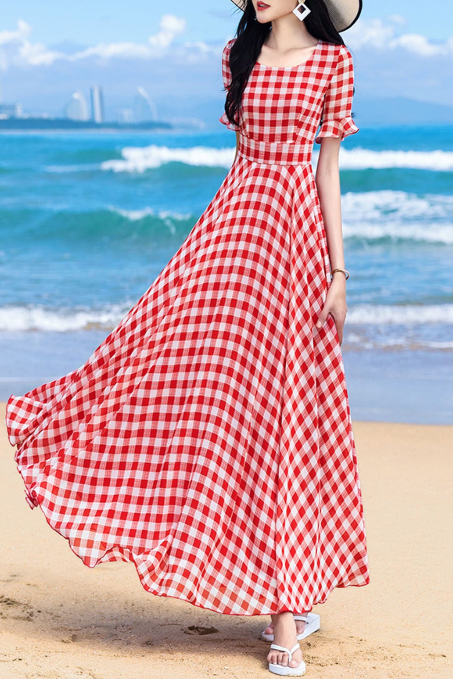 Chiffon Women Red Plaid Short Sleeve dress C4050