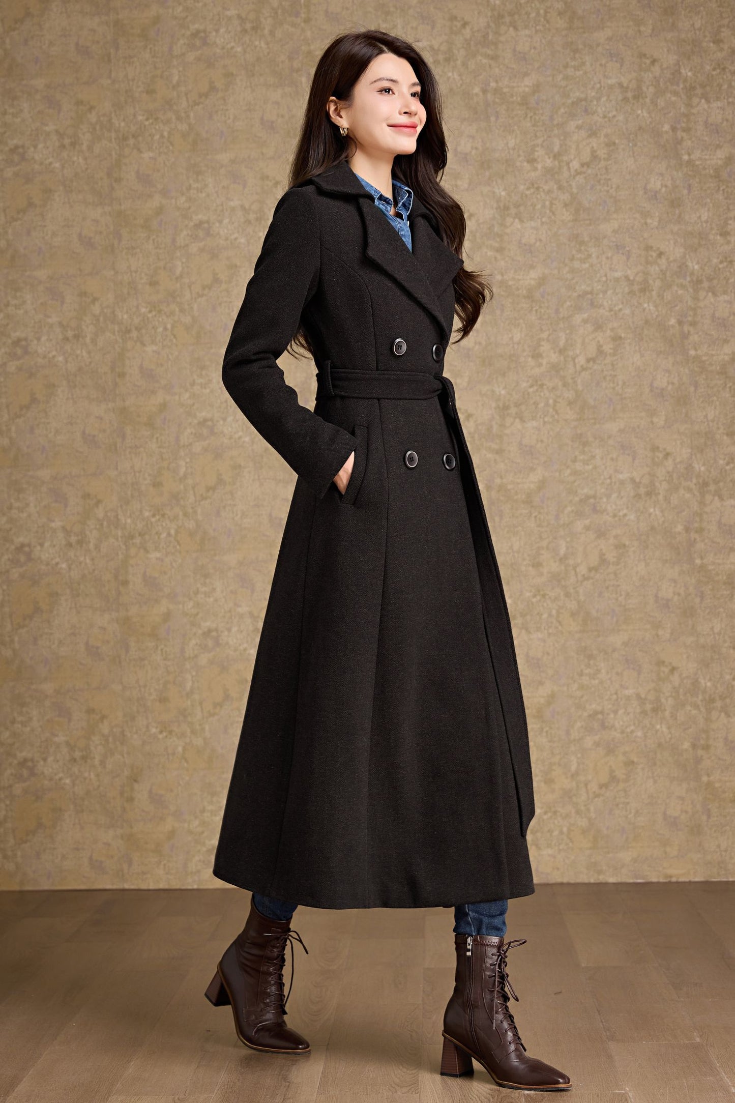 Winter warm brown Long Wool Coat C4479