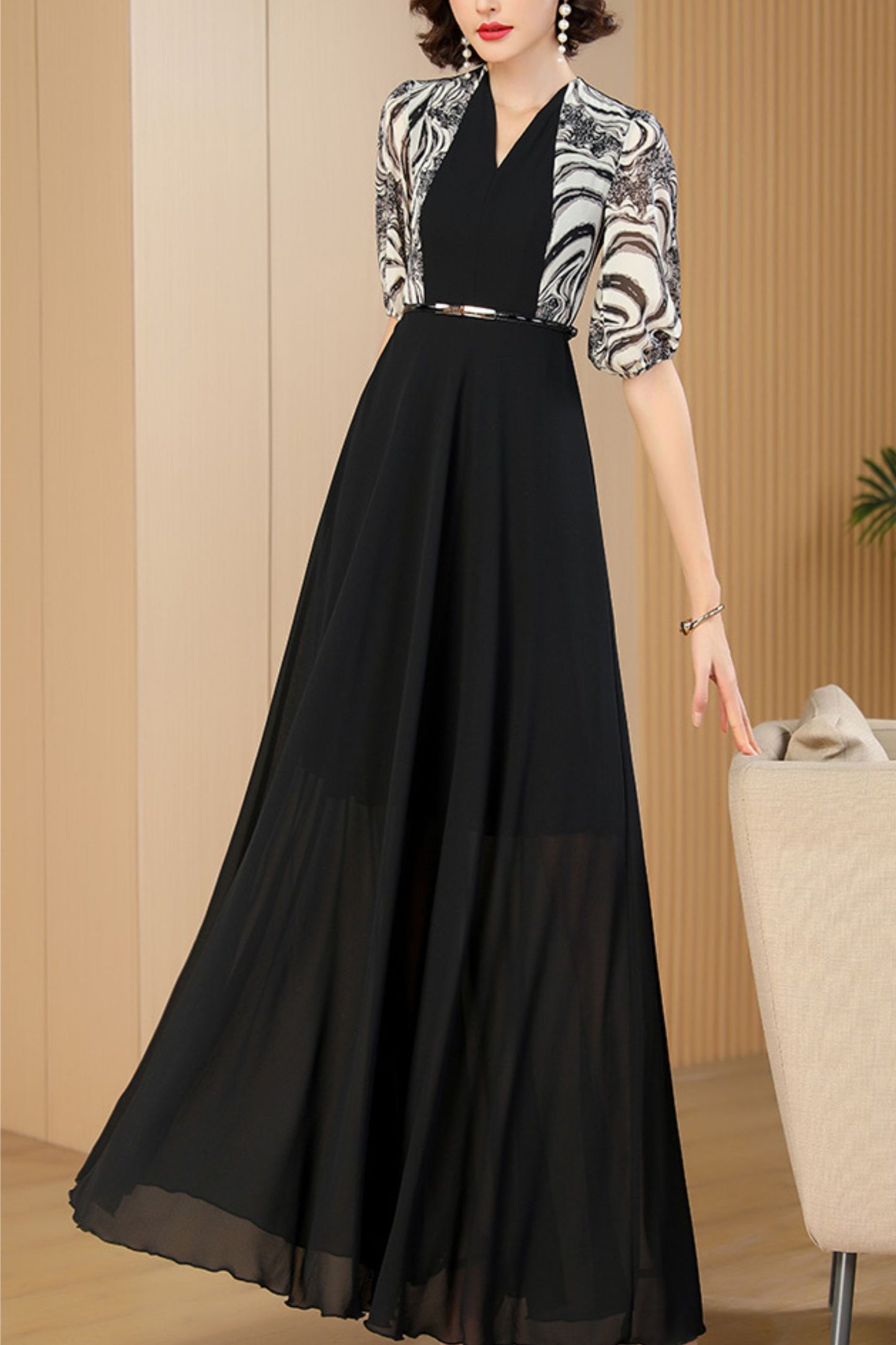 Black fake two-piece dress women long summer dress C4085