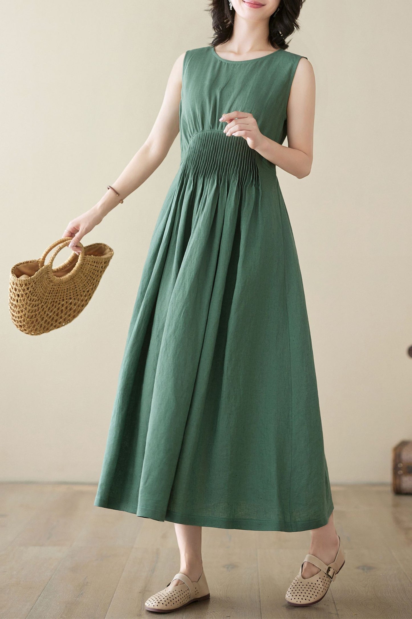 Sleeveless Green maxi linen dress C3952 - Size M(US8) #CK2400228