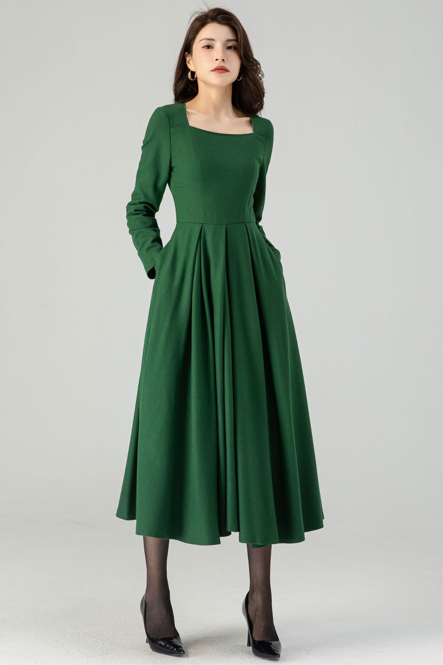Green Wool Womens Winter Dresses C4336