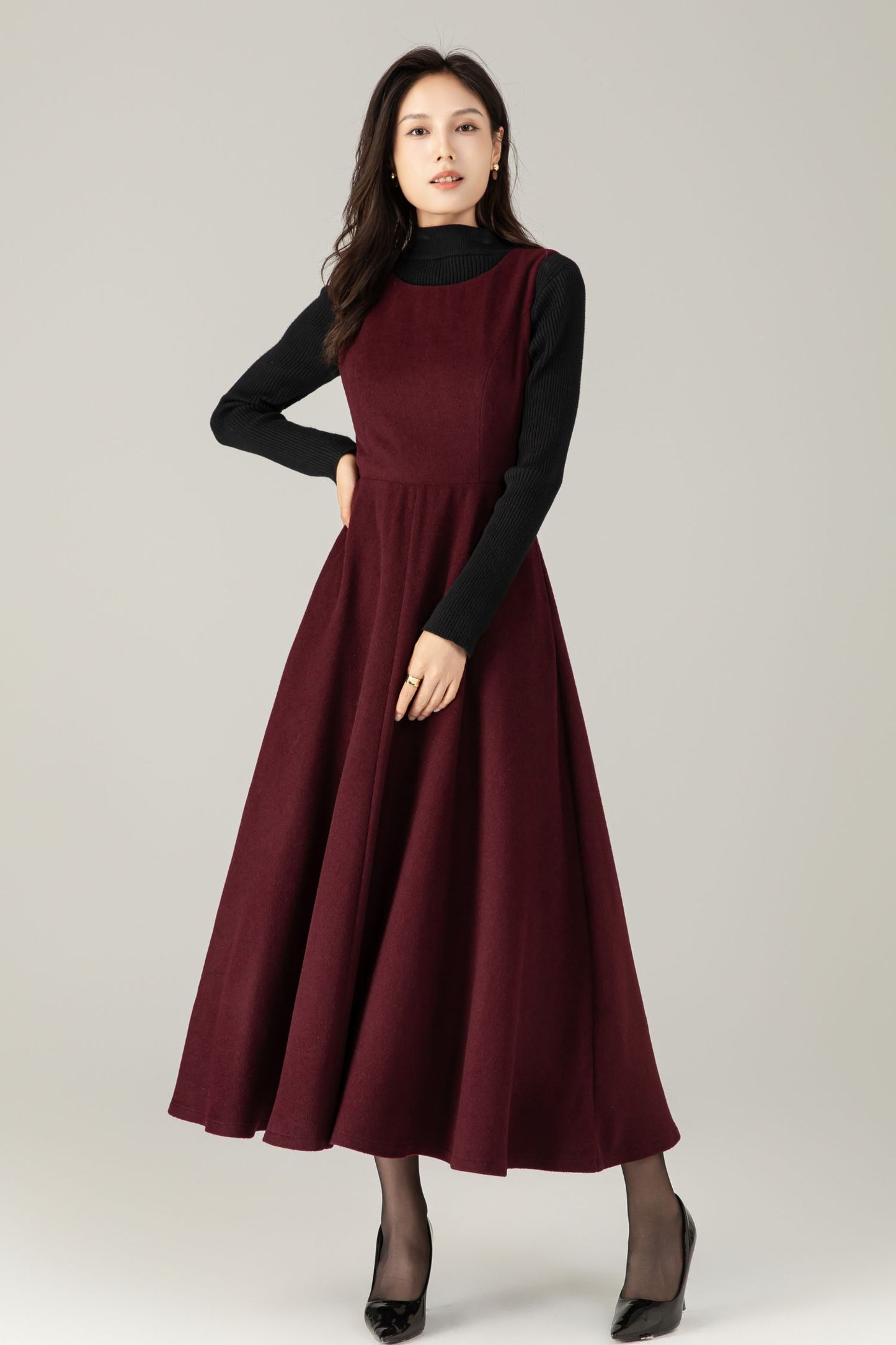 Burgundy Wool maxi Dress: Sleeveless A-Line Swing Jumper, Ylistyle C5239