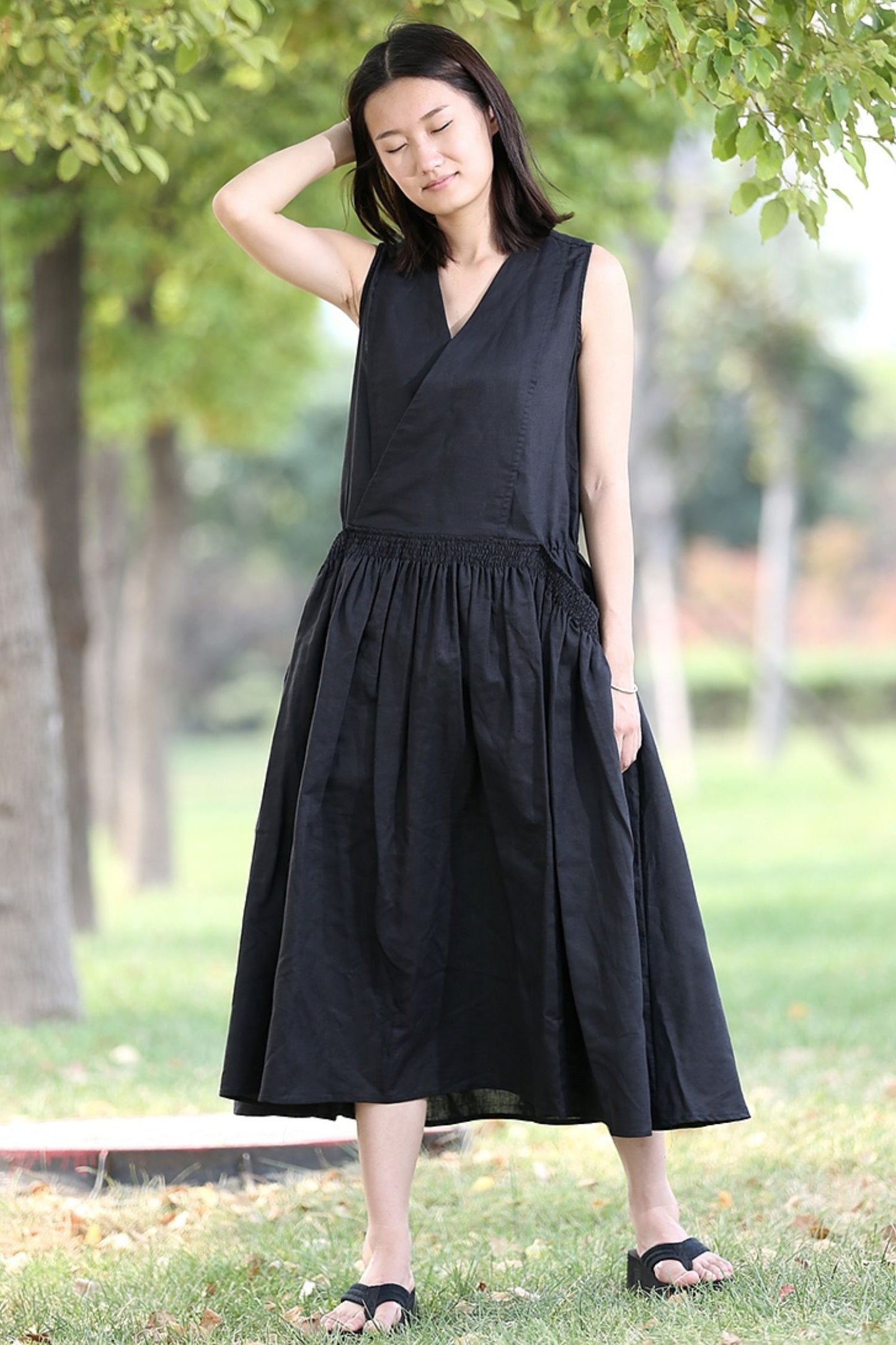Midi linen black womens summer dress C277