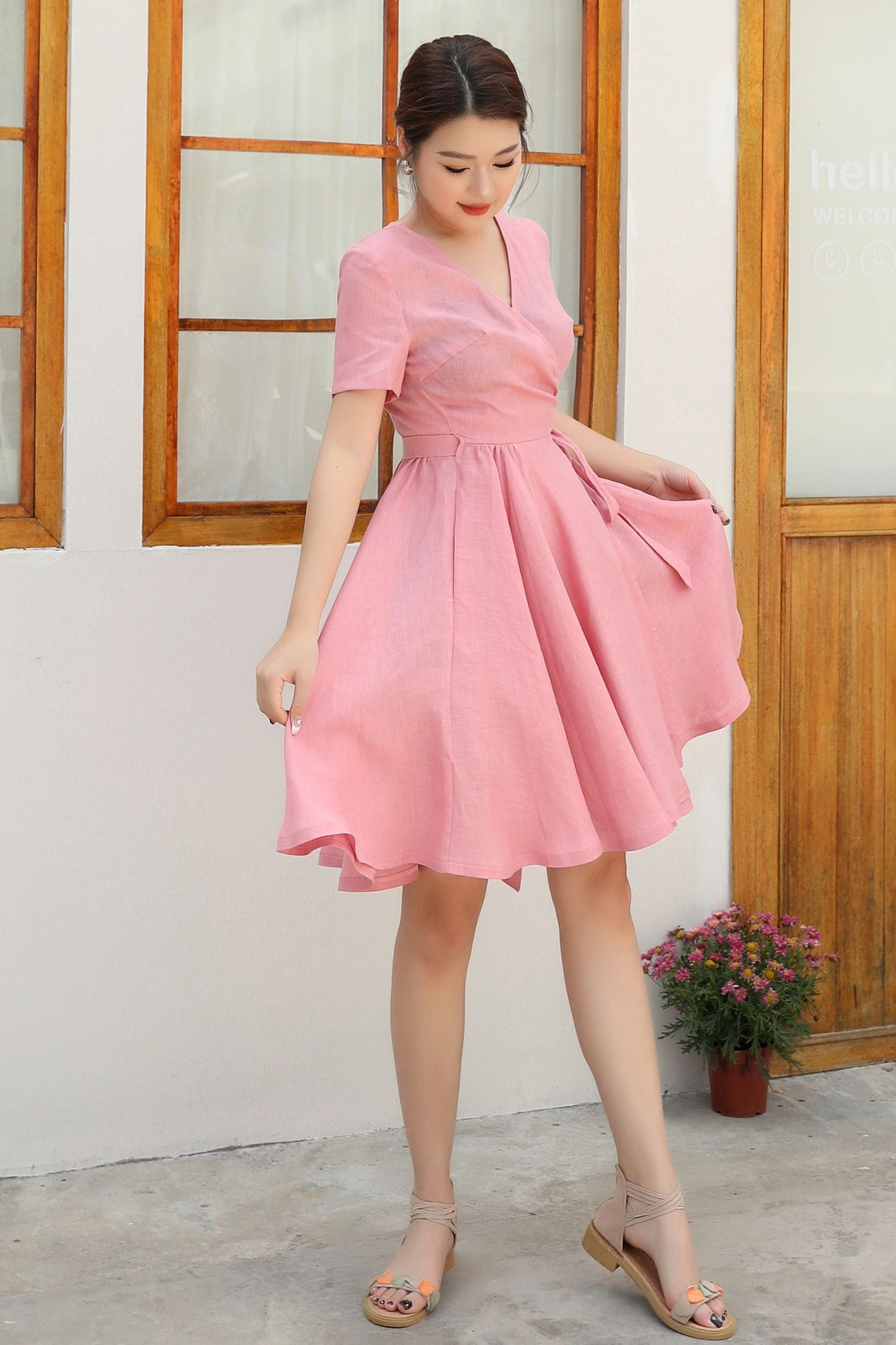Pink Wrap summer Linen dress c4837
