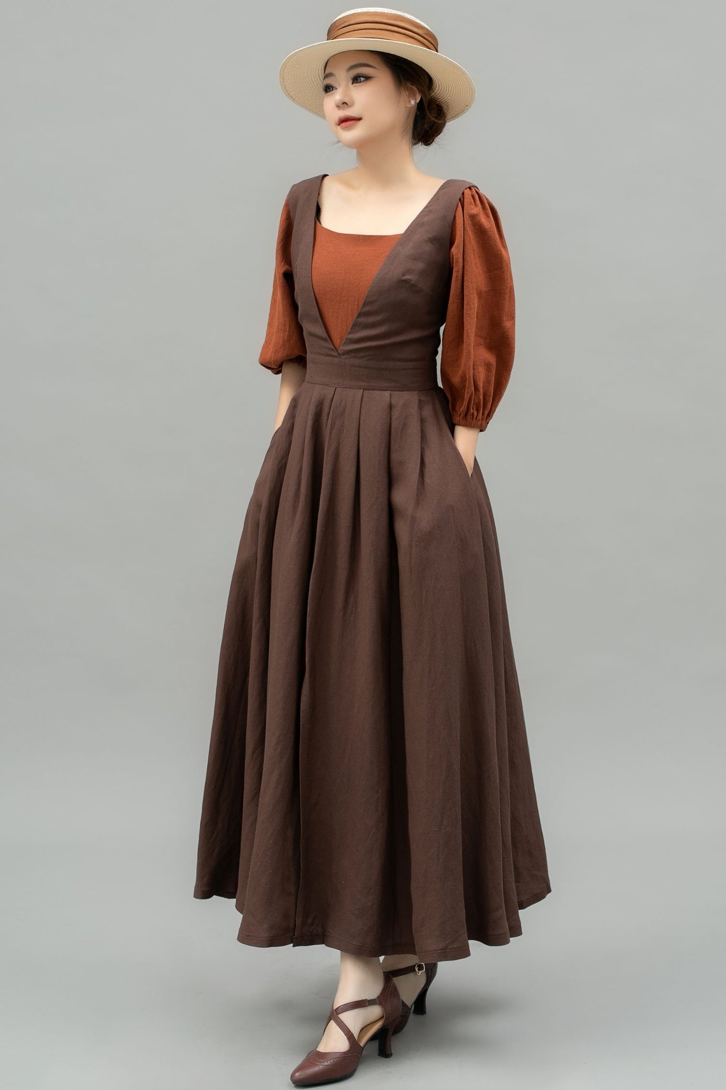 Long Linen pinafore dress C4749