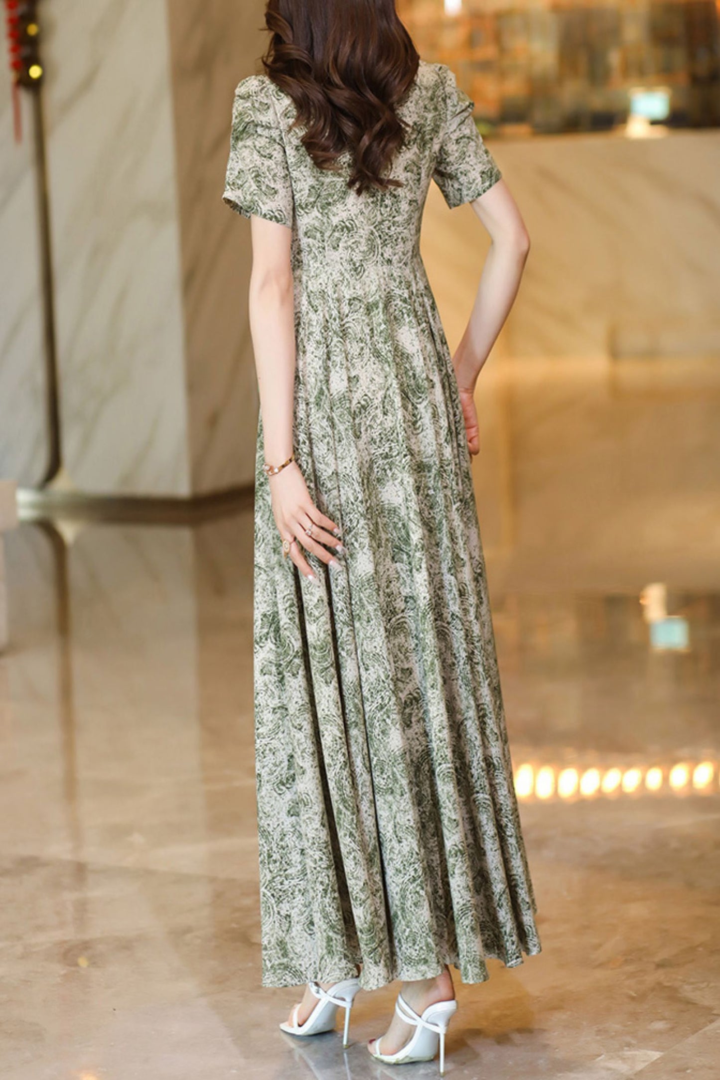 French summer white green dress C4117