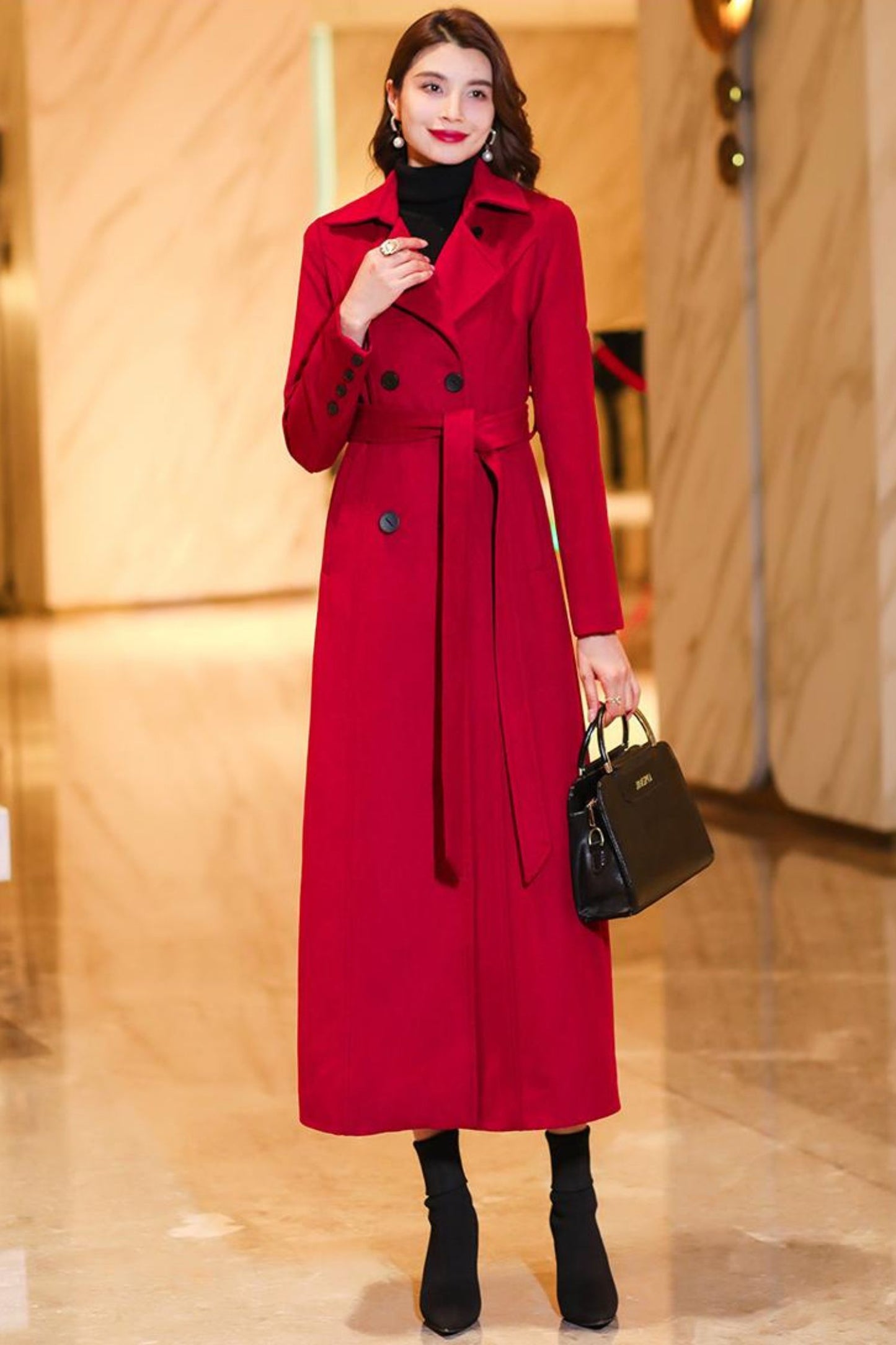 Women's Medium-length Red wool coat C3774