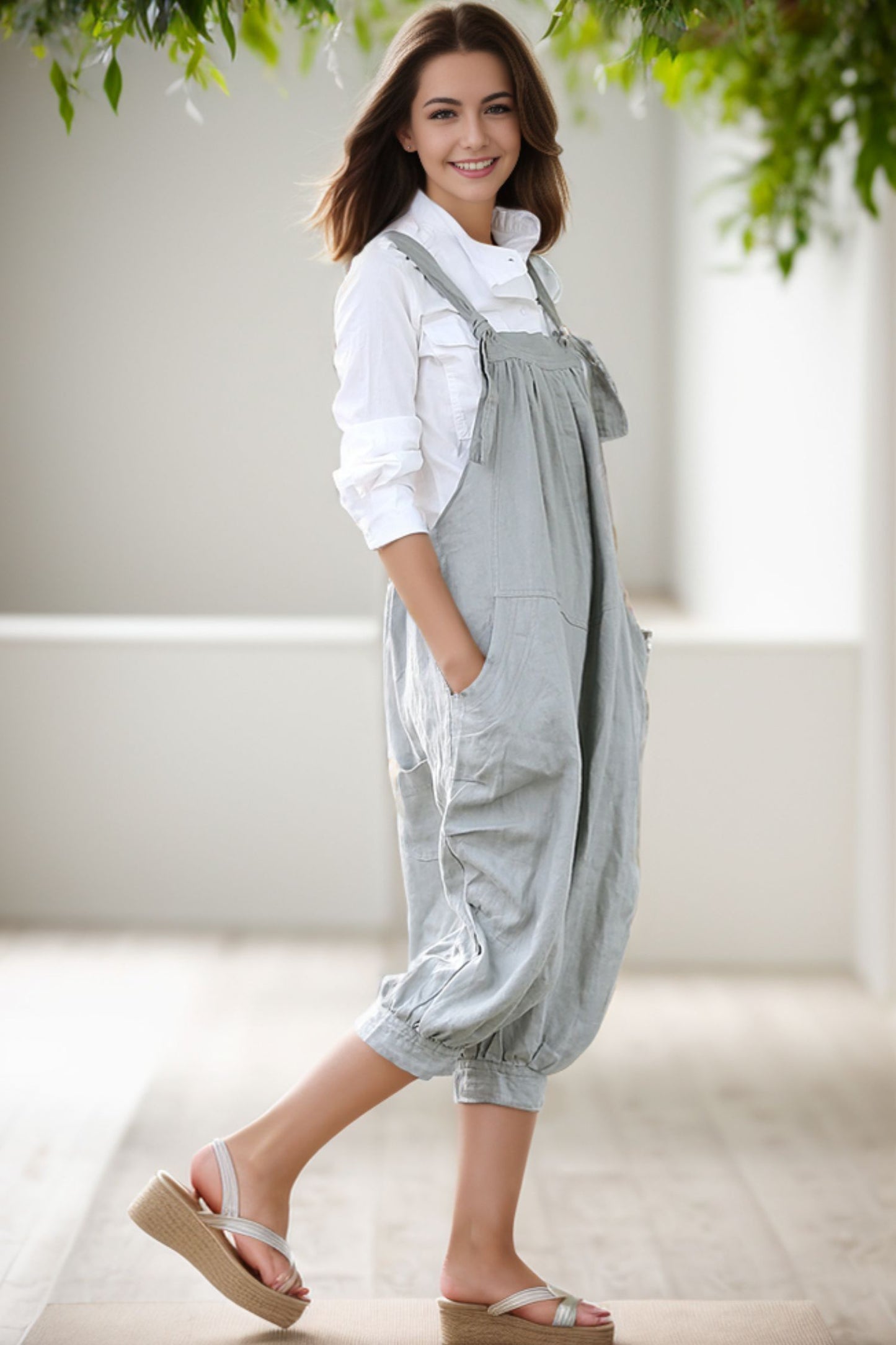 womens linen gray loose casual Wide leg jumpsuit C285