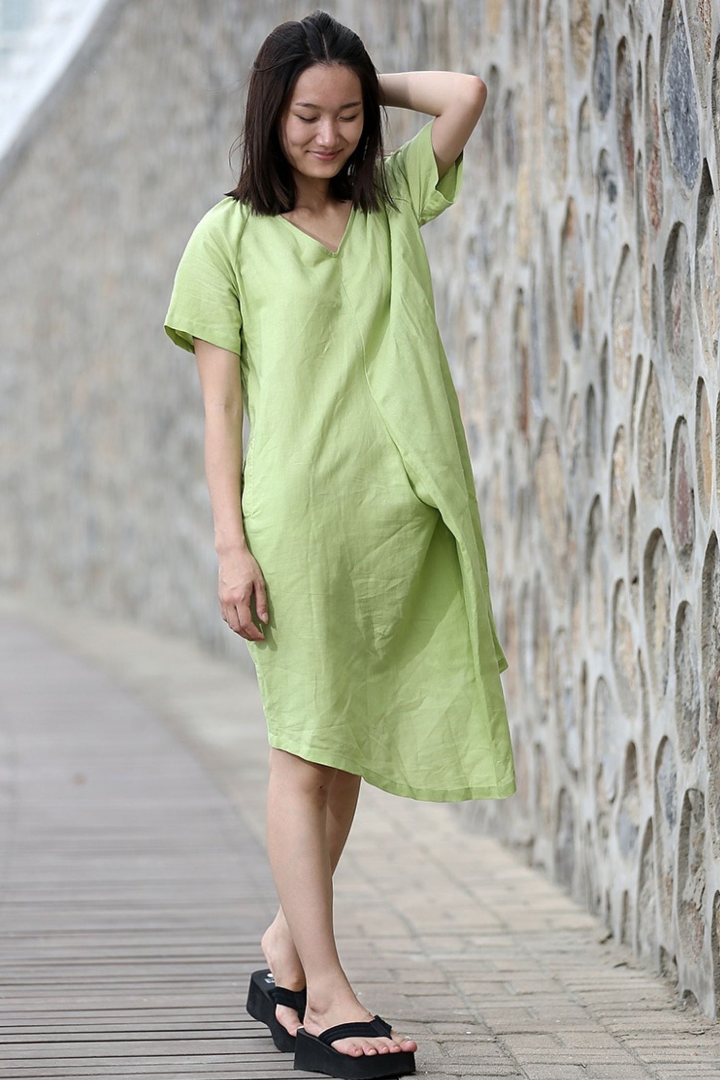 Midi Linen Dress in green C273
