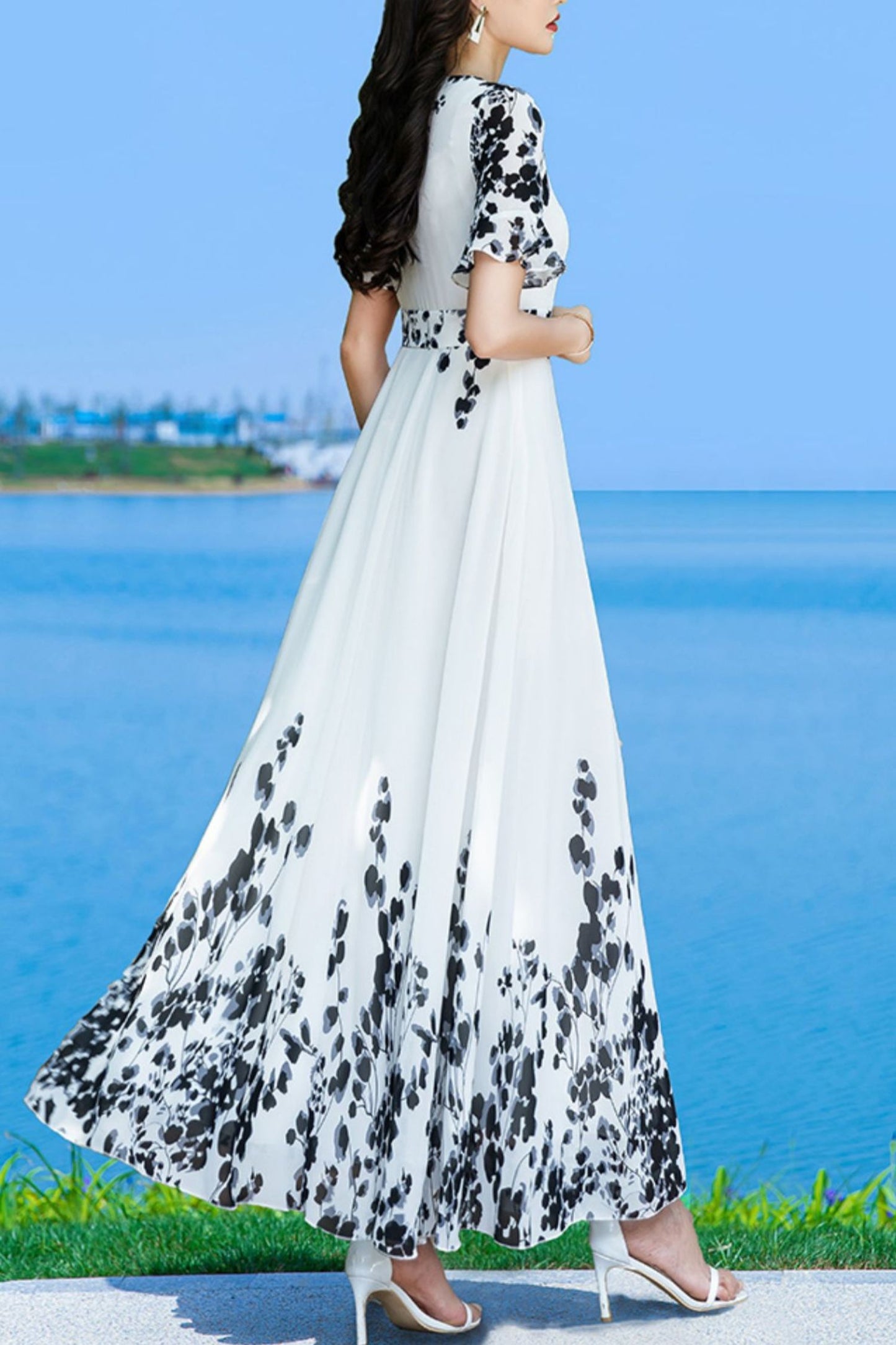 White women chiffon floral V-neck dress C3994