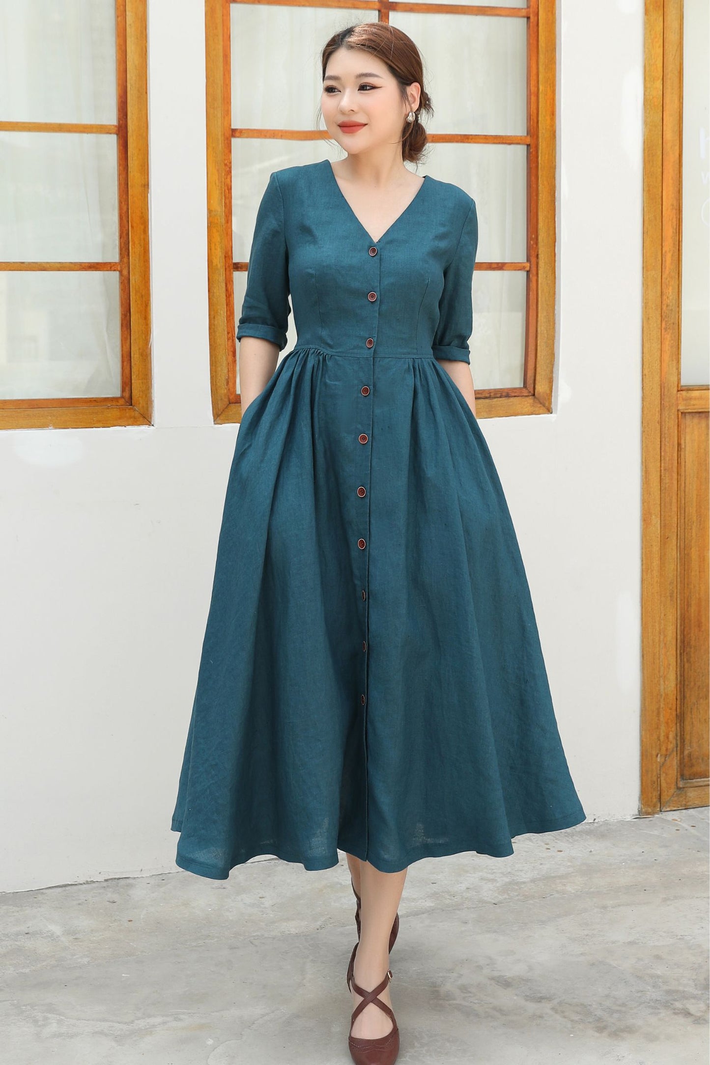 Button Front linen Midi dress c4839