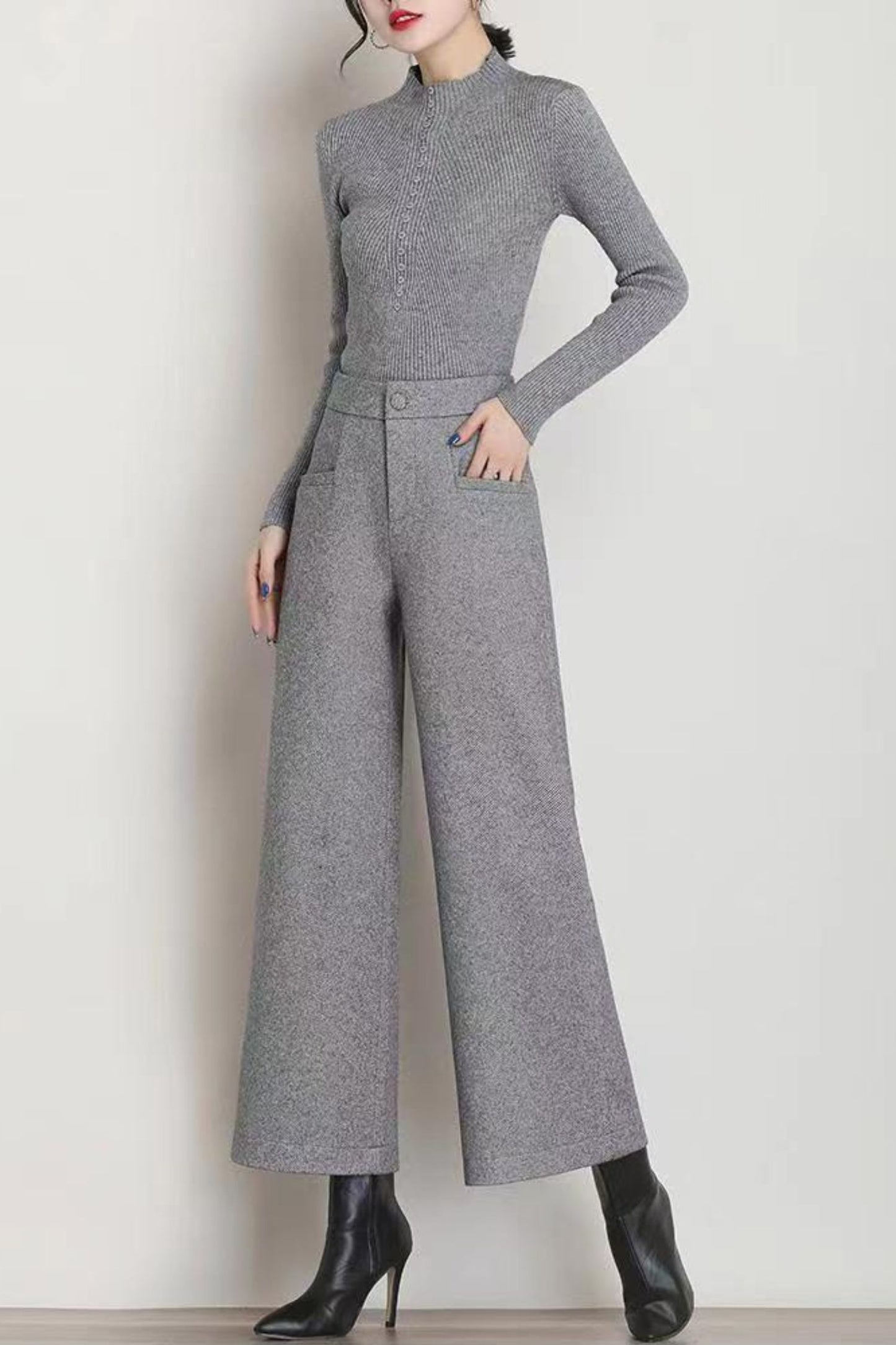Wide leg womens wool pants with pockets c5078