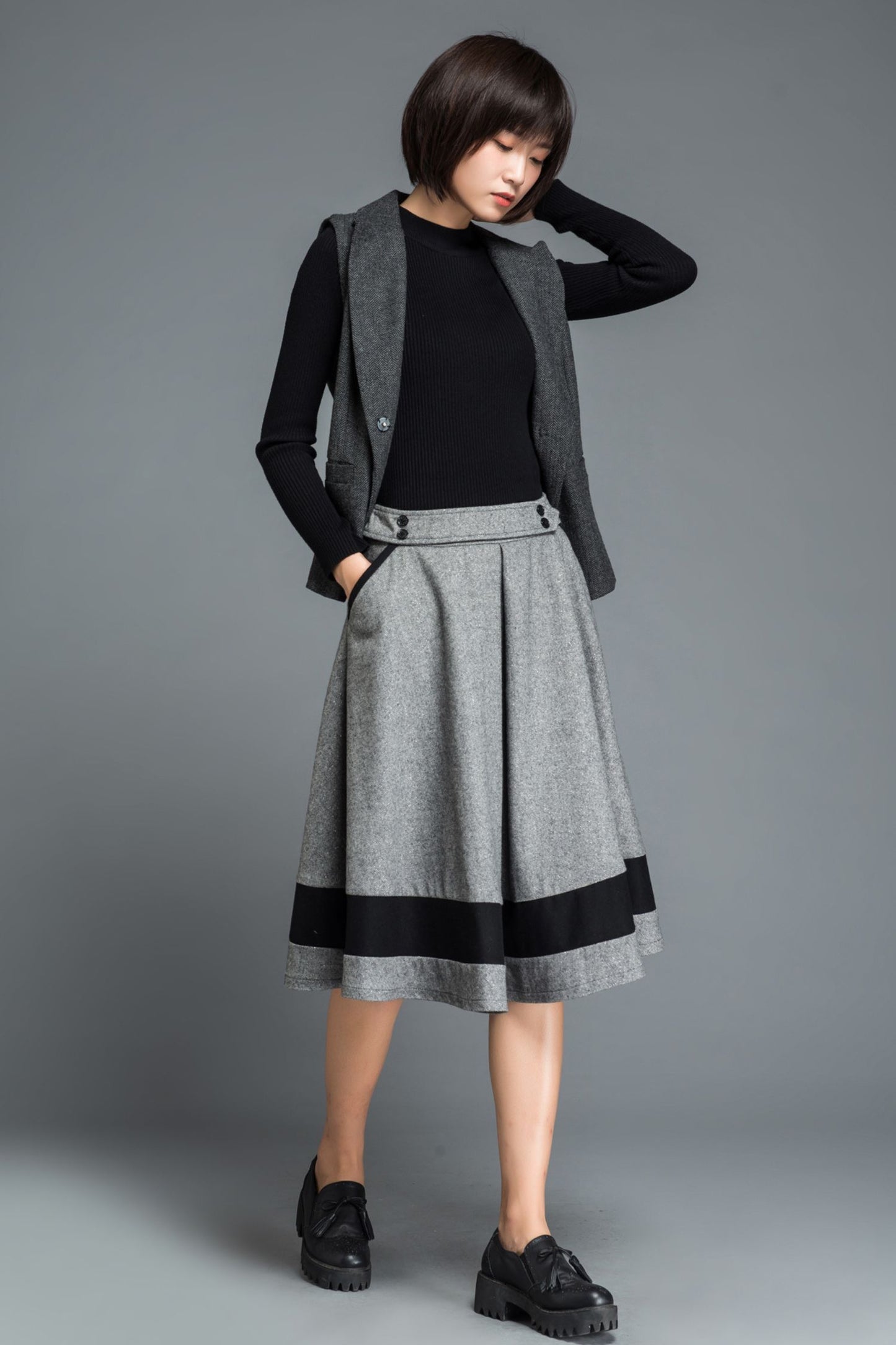Knee length block color winter wool skirt C1214