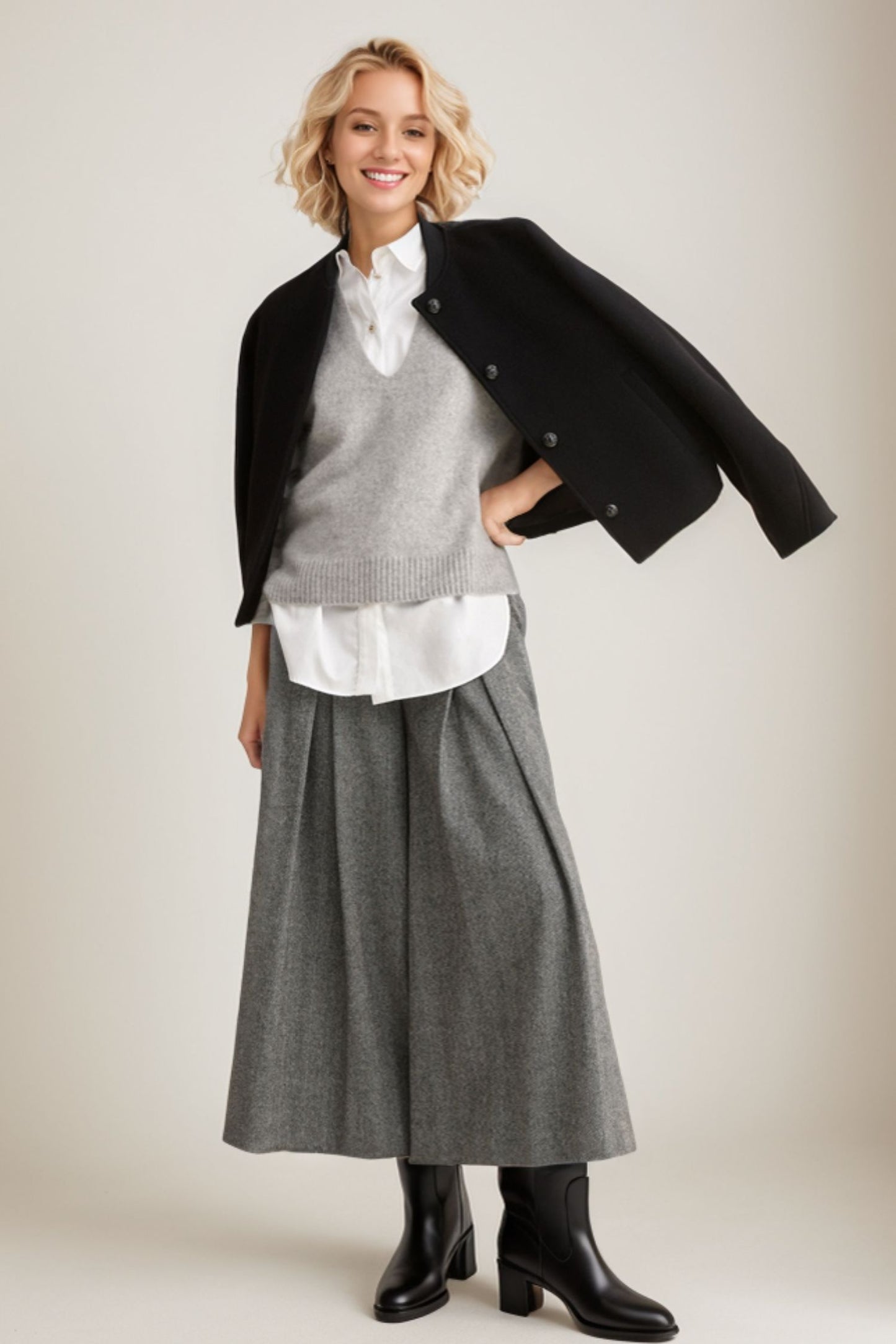 Pleated winter wide leg wool pants women TT0113