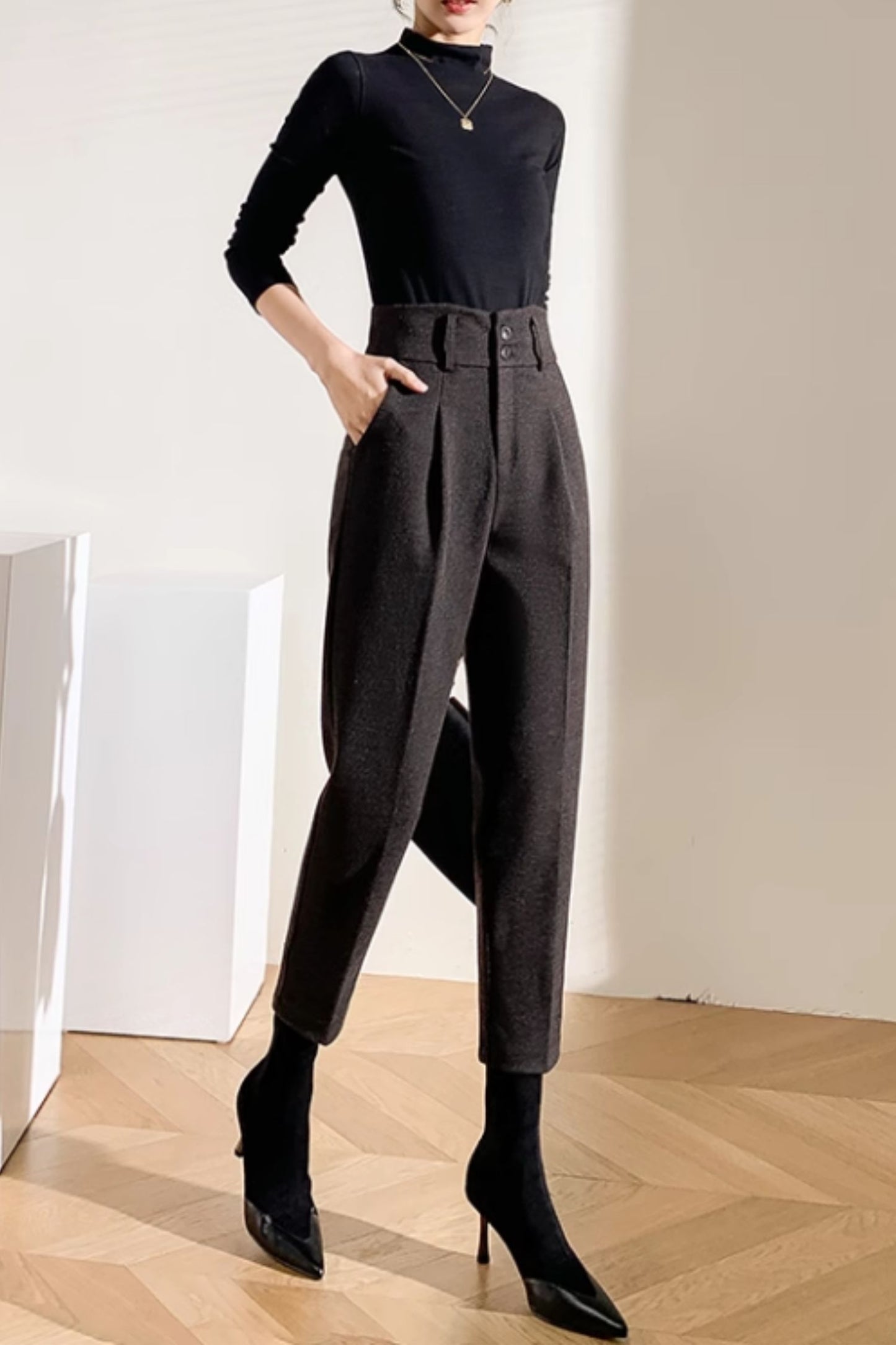 High waist long wool pants women C4643