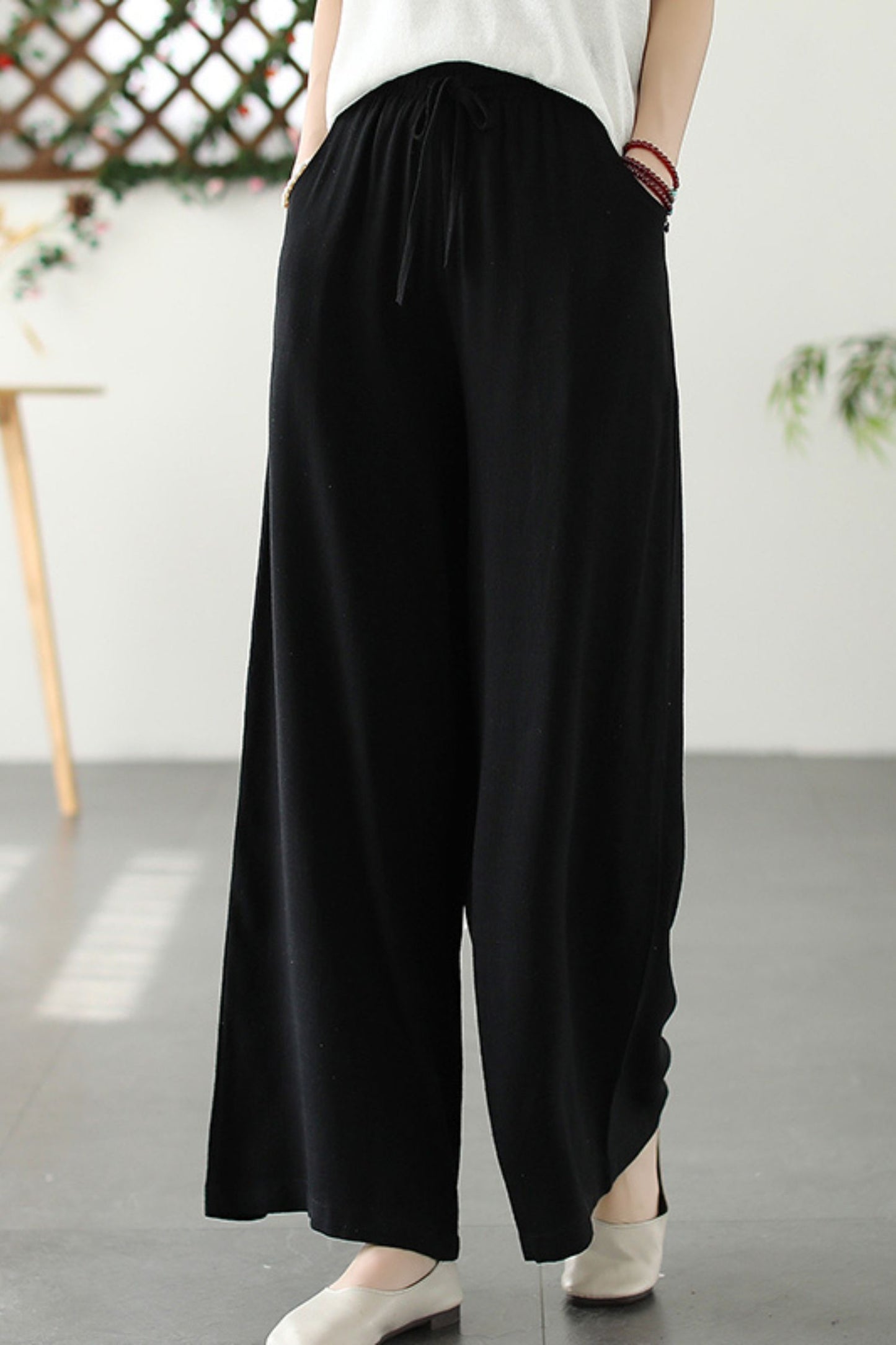 loose cotton linen solid wide leg pants L0619