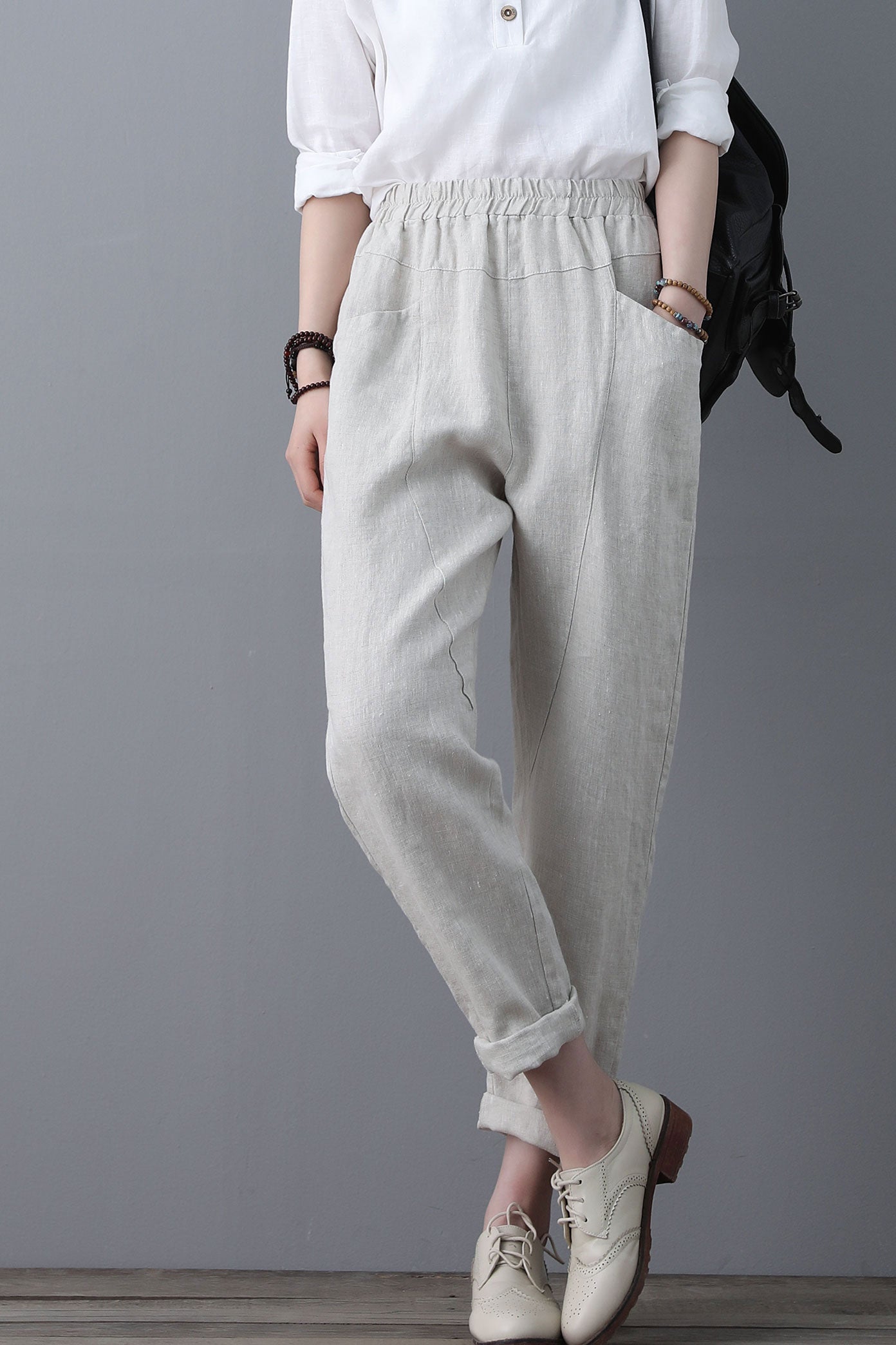 Casual Elastic Waist Cropped linen Pants C1863 #CK2101225