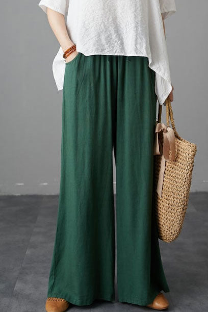 Elastic Waist Drawstring Wide Palazzo Linen Pants C1988-Size L #CK2200800