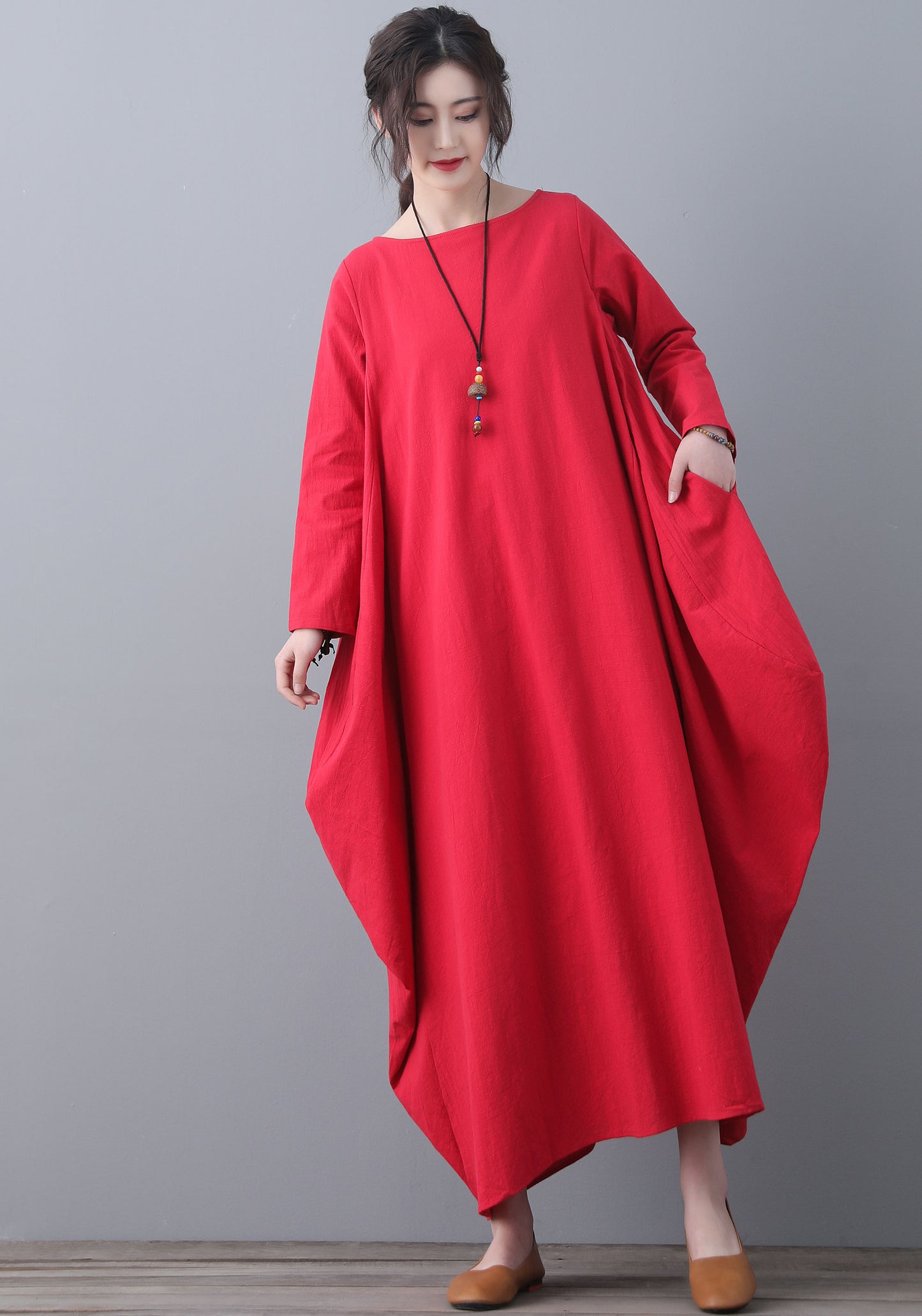 Red Kaftan long sleeves linen dress C1837