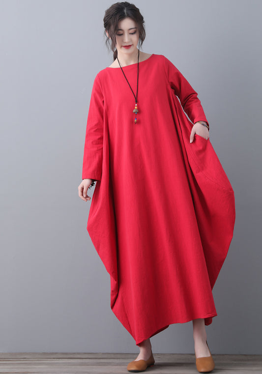 Red Kaftan long sleeves linen dress C1837