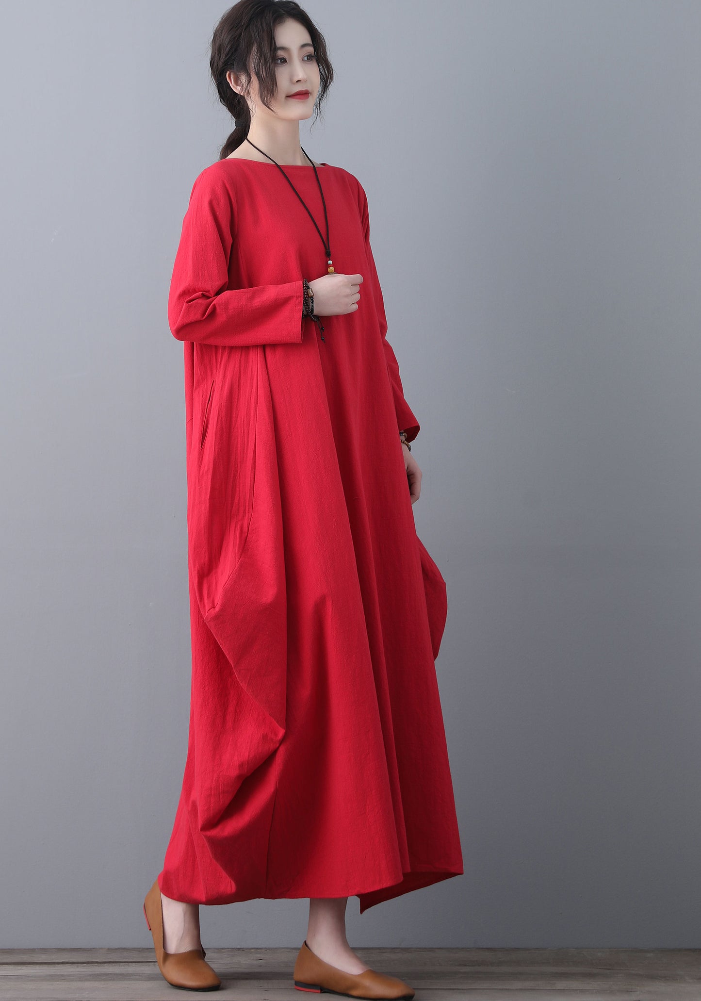Red Kaftan long sleeves linen dress C1837