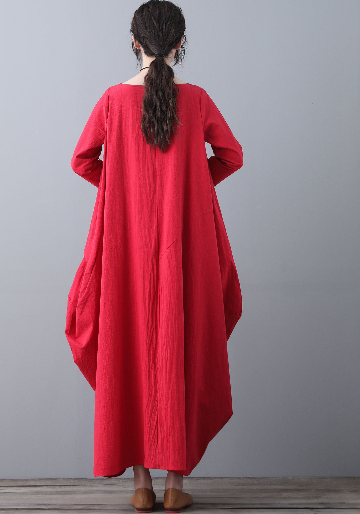 Red Kaftan long sleeves linen dress C1837