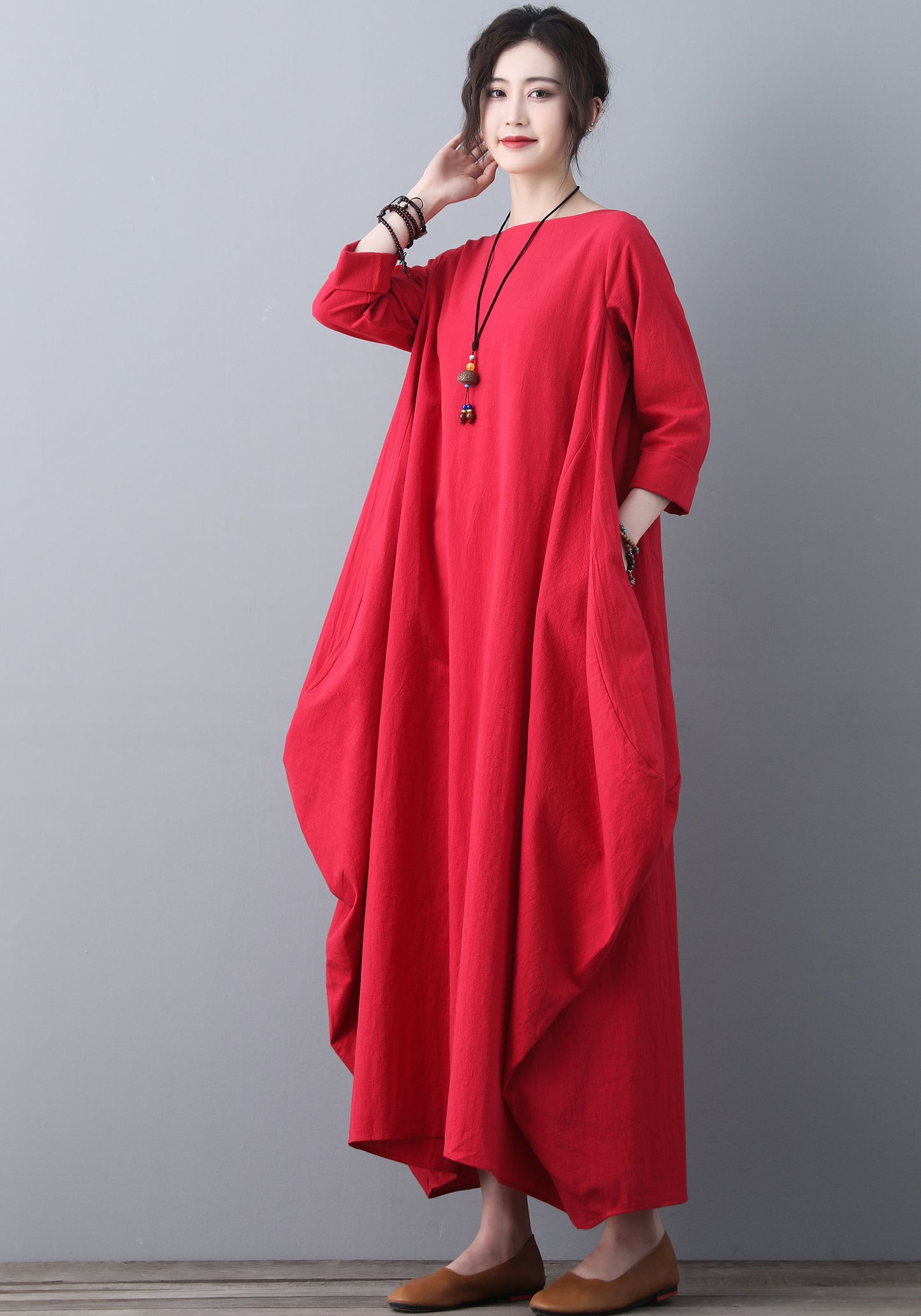 Red Kaftan long sleeves linen dress C1837
