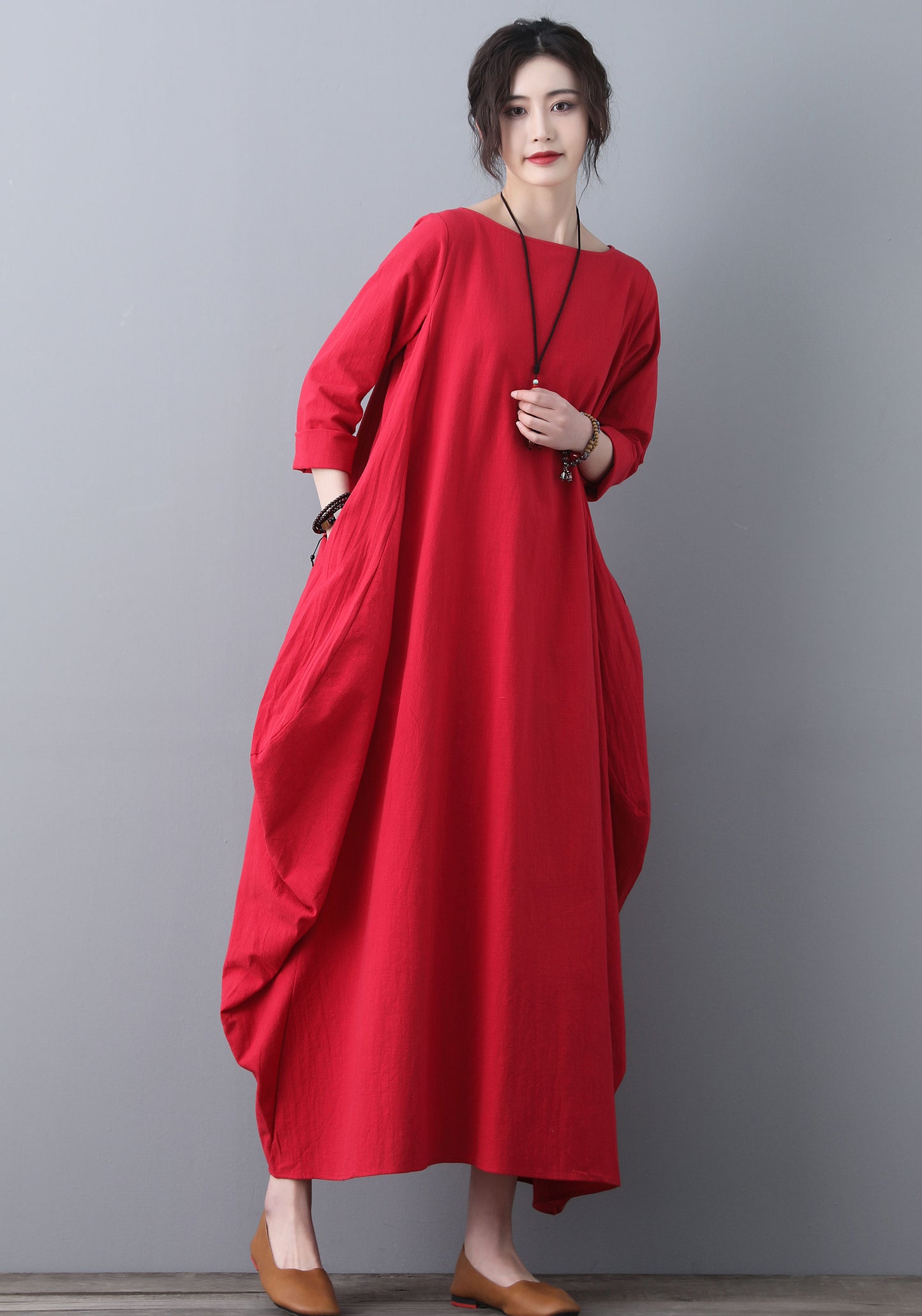 Red Kaftan long sleeves linen dress C1837