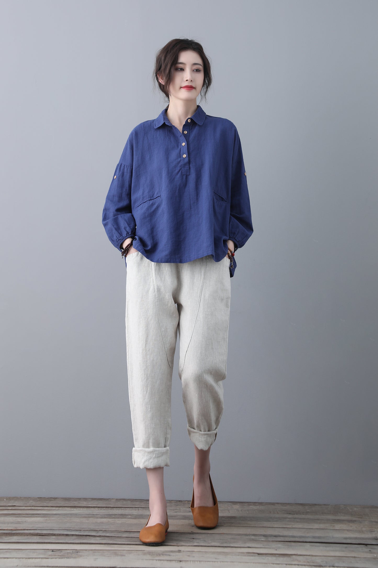 Blue Loose linen Tops C185201