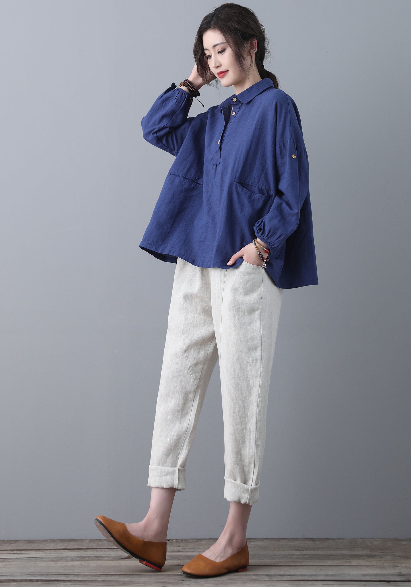 Blue Loose linen Tops C185201