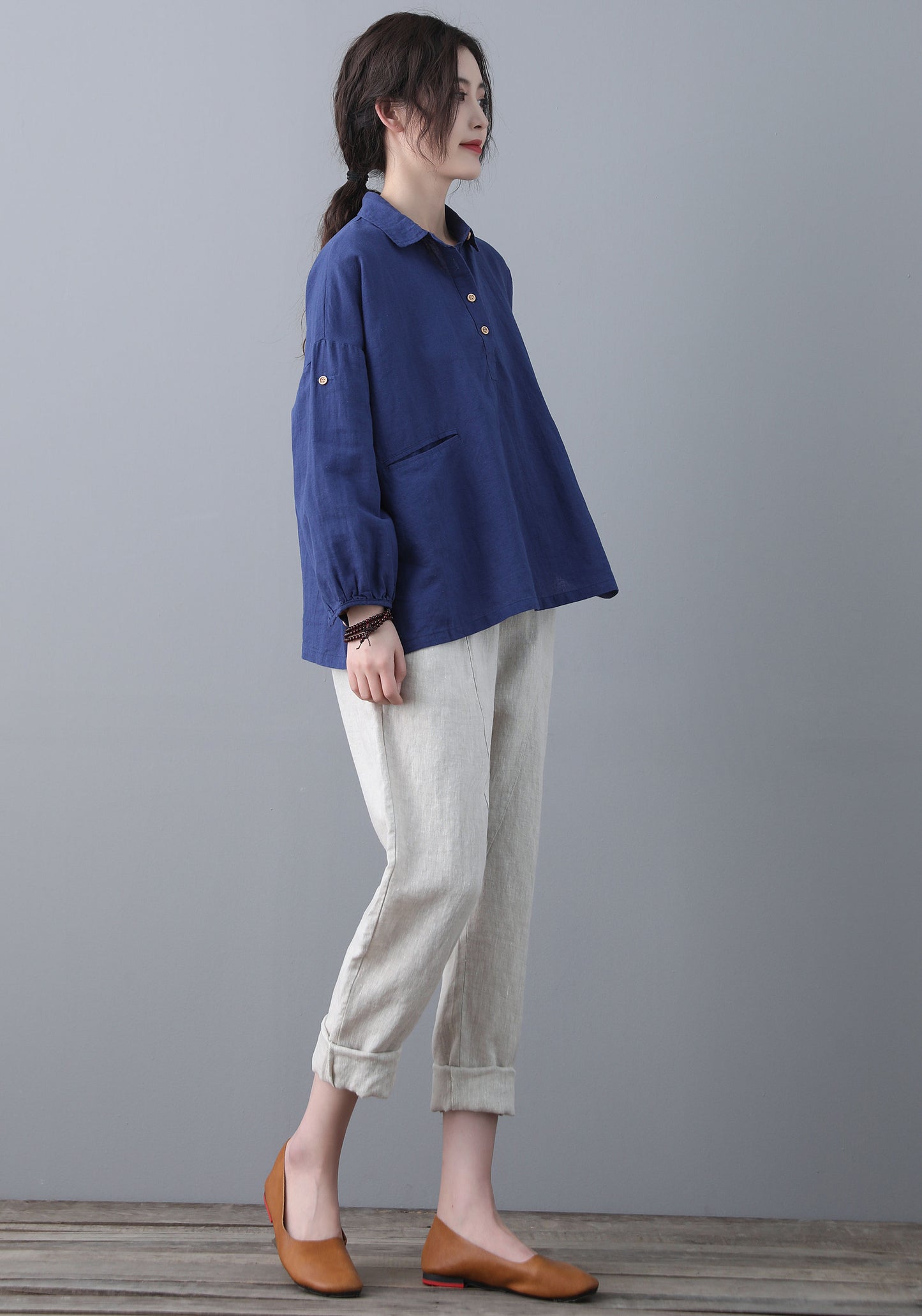 Blue Loose linen Tops C185201