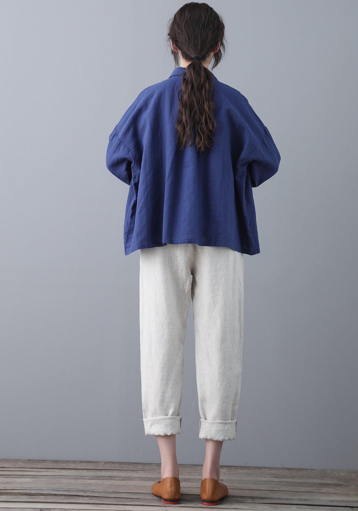 Blue Loose linen Tops C185201