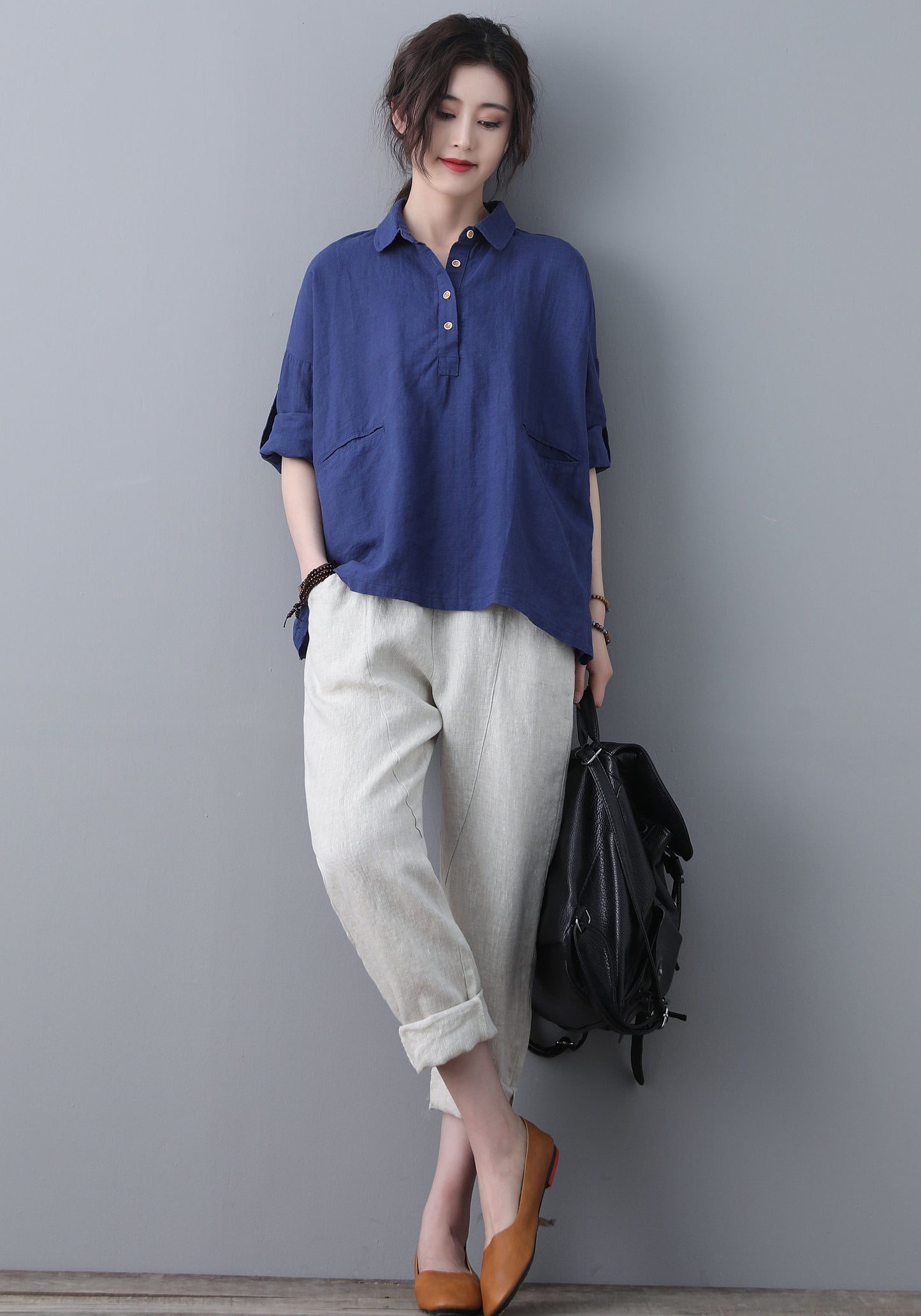 Blue Loose linen Tops C185201
