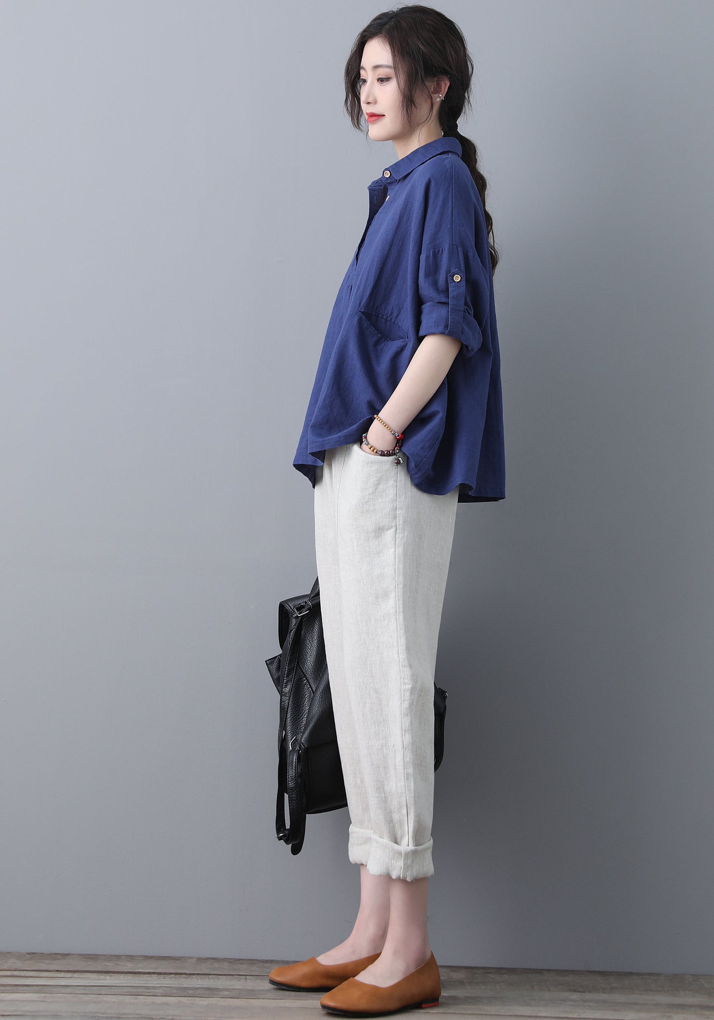 Blue Loose linen Tops C185201
