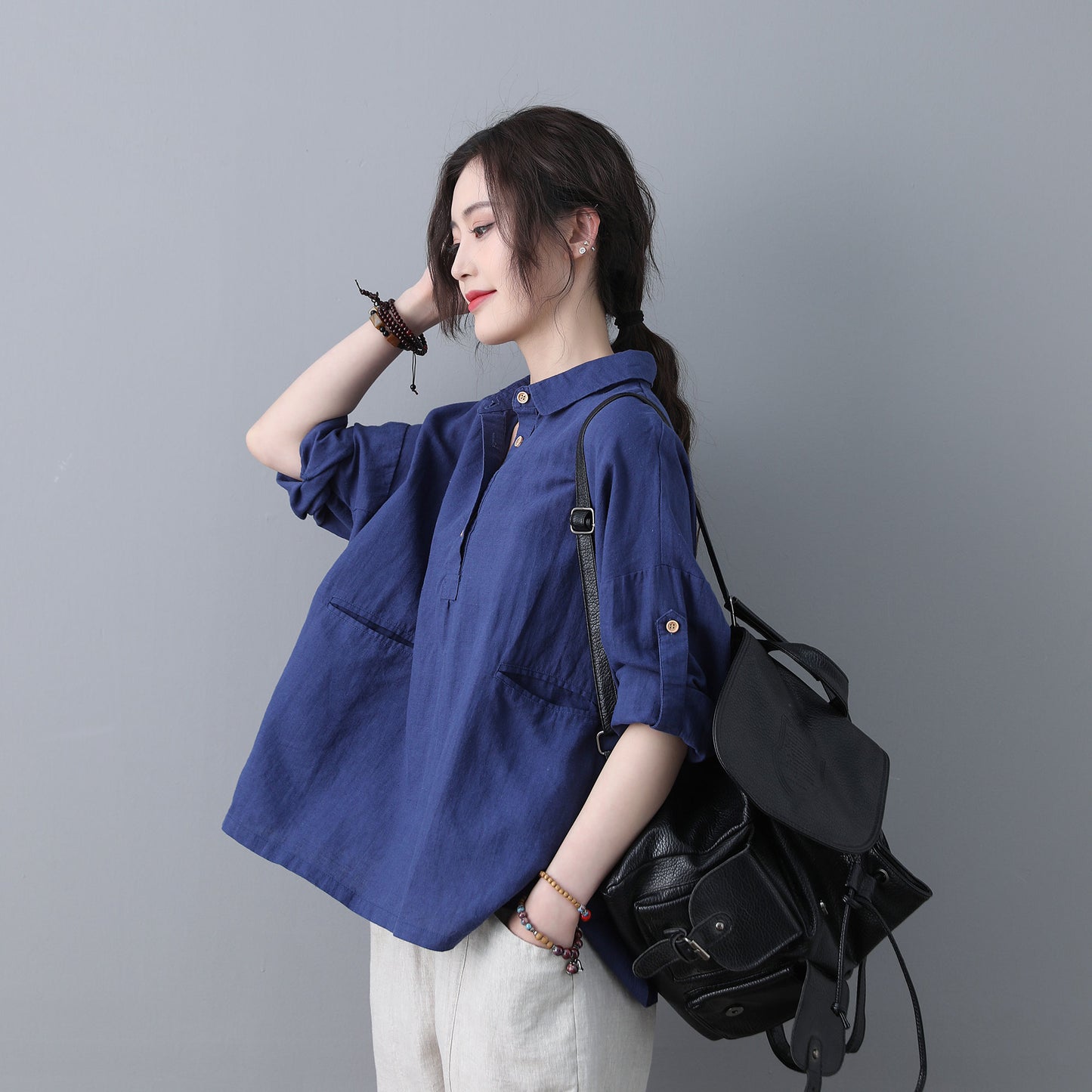 Blue Loose linen Tops C185201