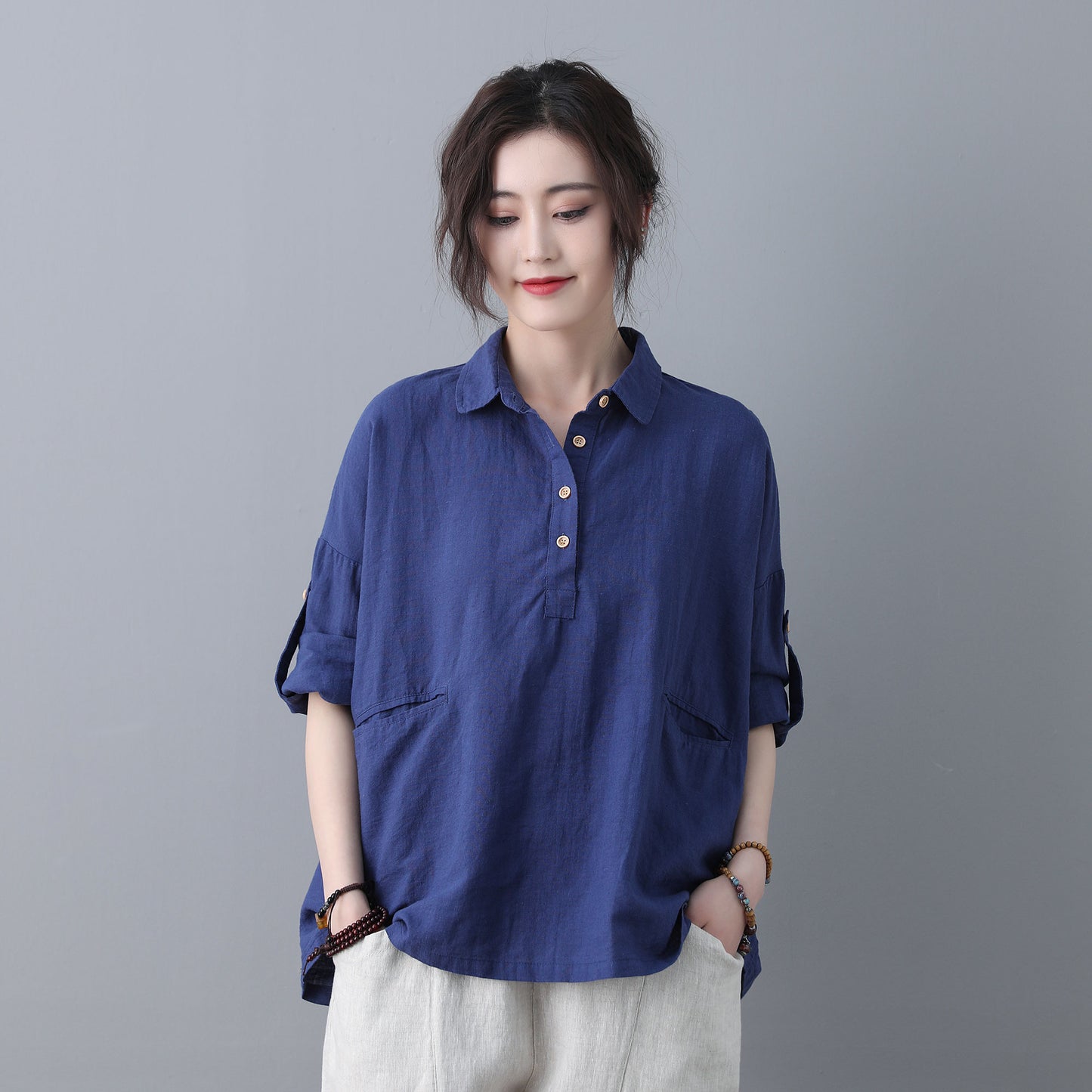 Blue Loose linen Tops C185201