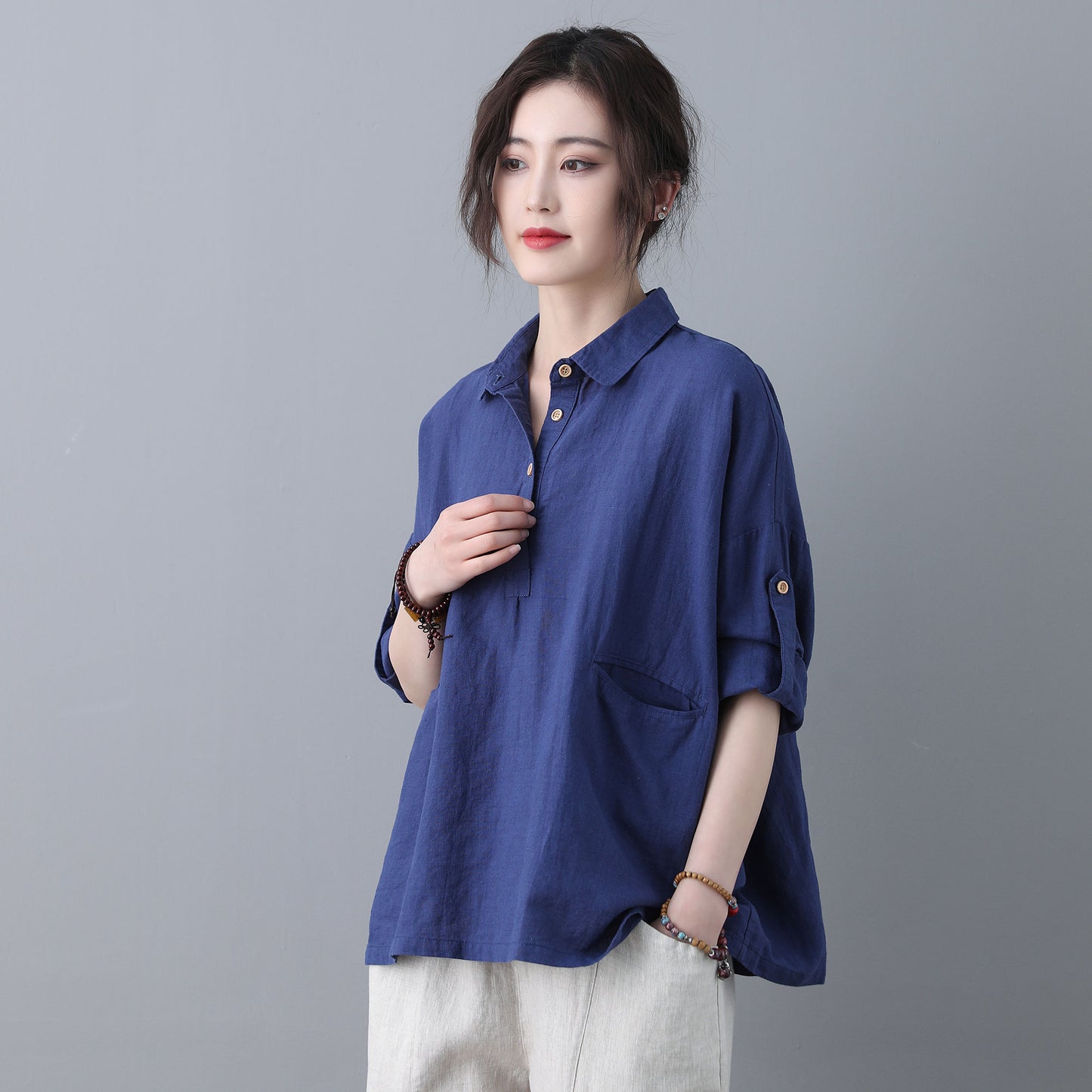 Blue Loose linen Tops C185201
