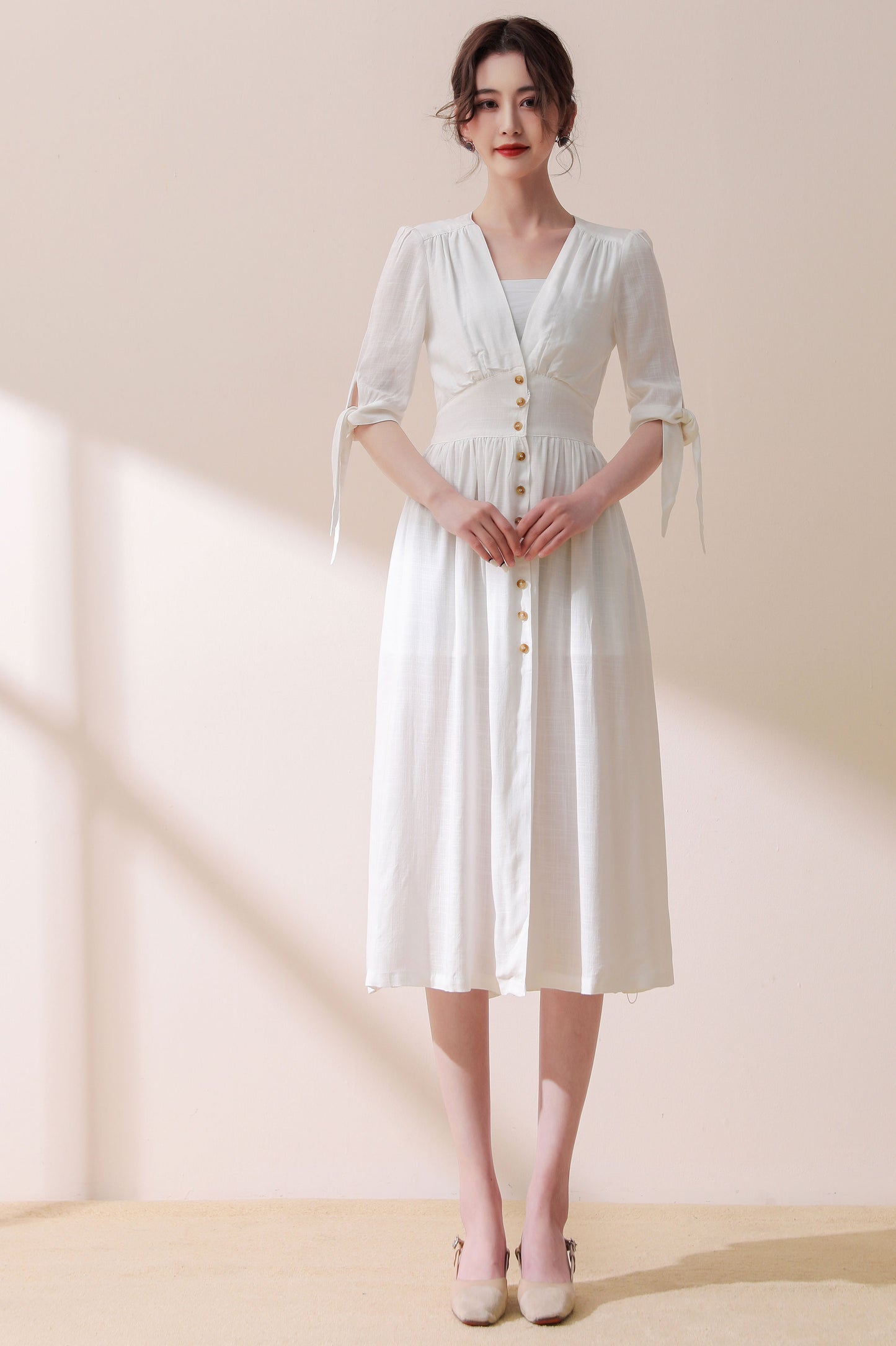 Deep V-neck Linen Dress c2914