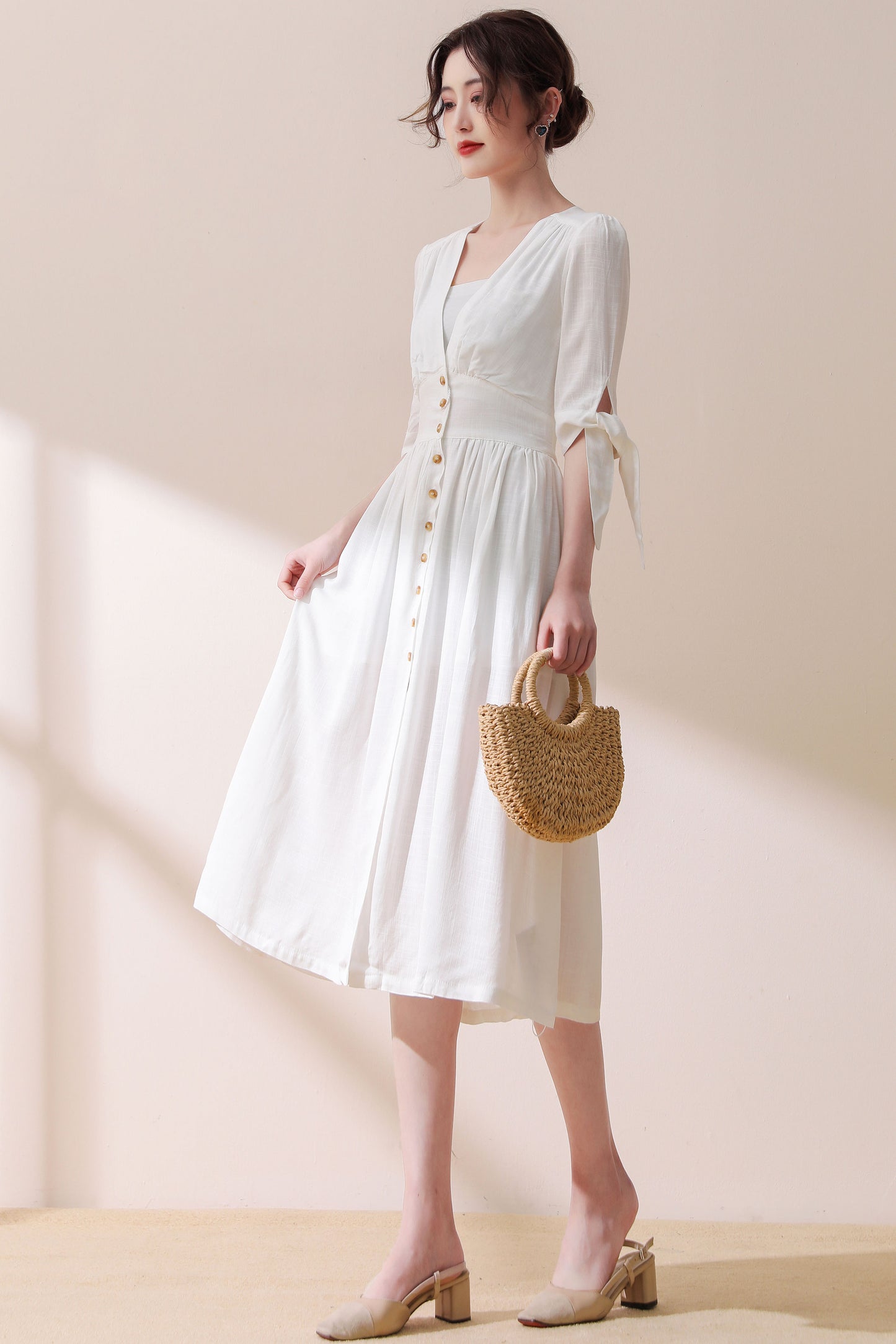 Deep V-neck Linen Dress c2914