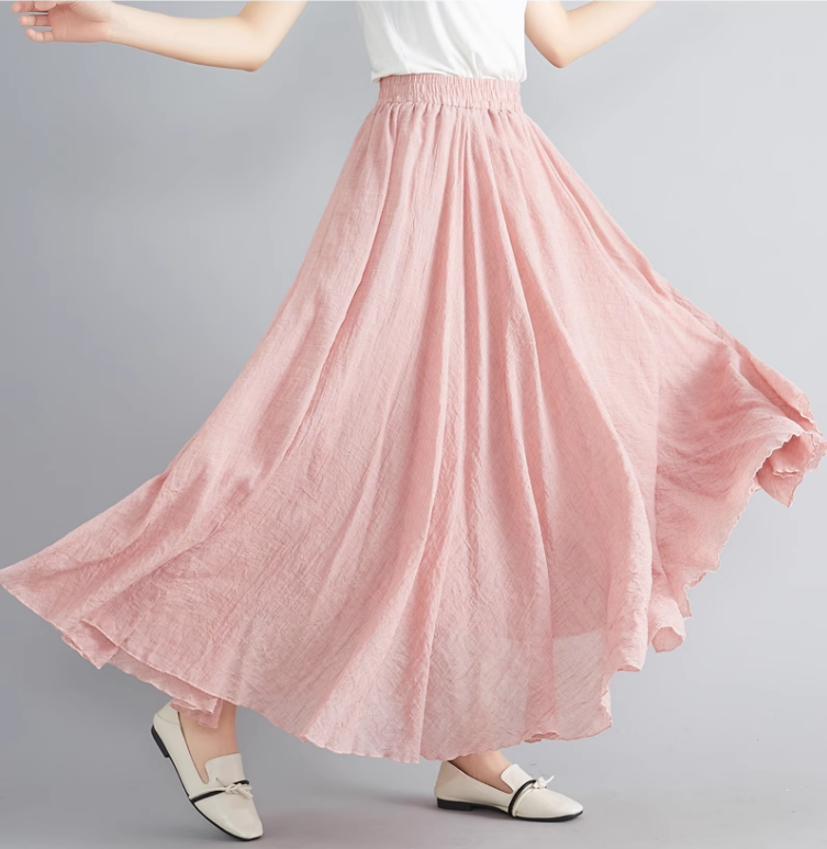 Elastic waist swing linen skirt women C5023-13 (pink)